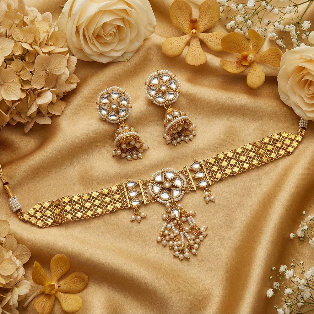 Js Fashion Antique Clustered Pearl High Gold Polish Full Stone Party Wear Necklace Set