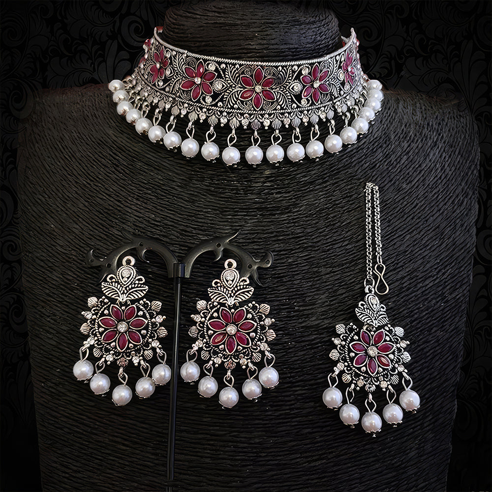 Js Fashion OXidized Silver Polish Beautiful Designer Clustered Pearl full white Stones Party wear Choker Necklace Set