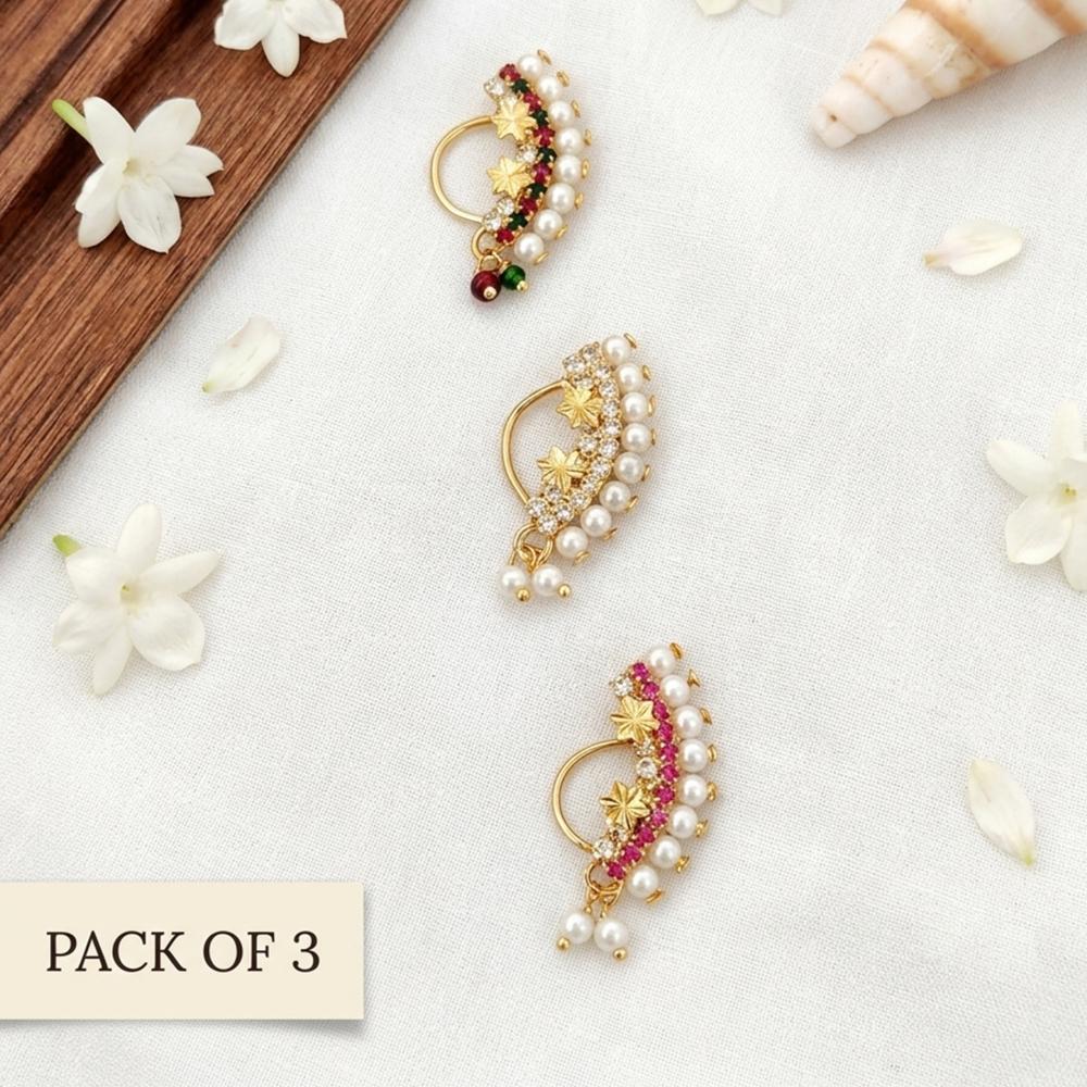 Js Fashion PACK OF 3 Designer Floral Maharashtrian Nose Ring Set for women