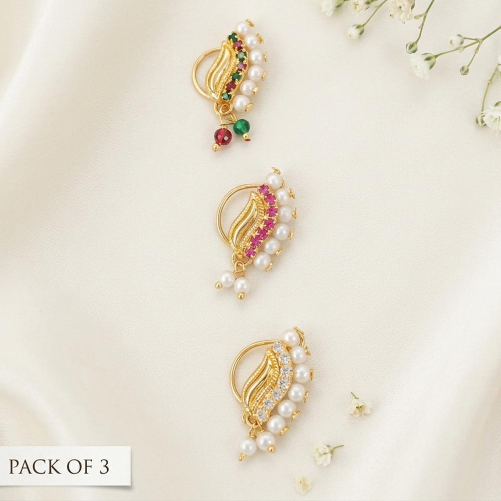 Js Fashion PACK OF 3 High Gold Traditional Maharashtrian Pearl Nath