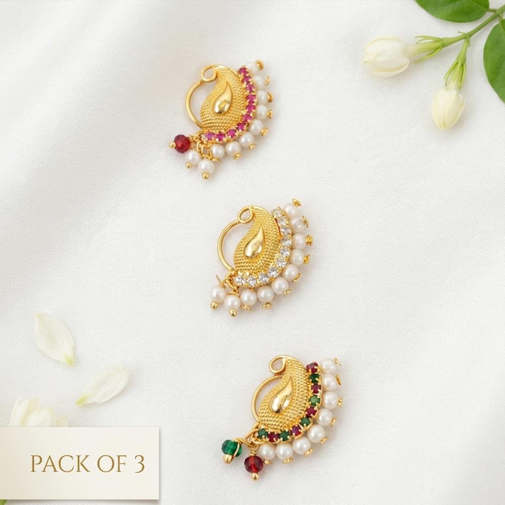 Js Fashion PACK OF 3 Fancy High Gold Stone Studded Maharashtrian Nath Set