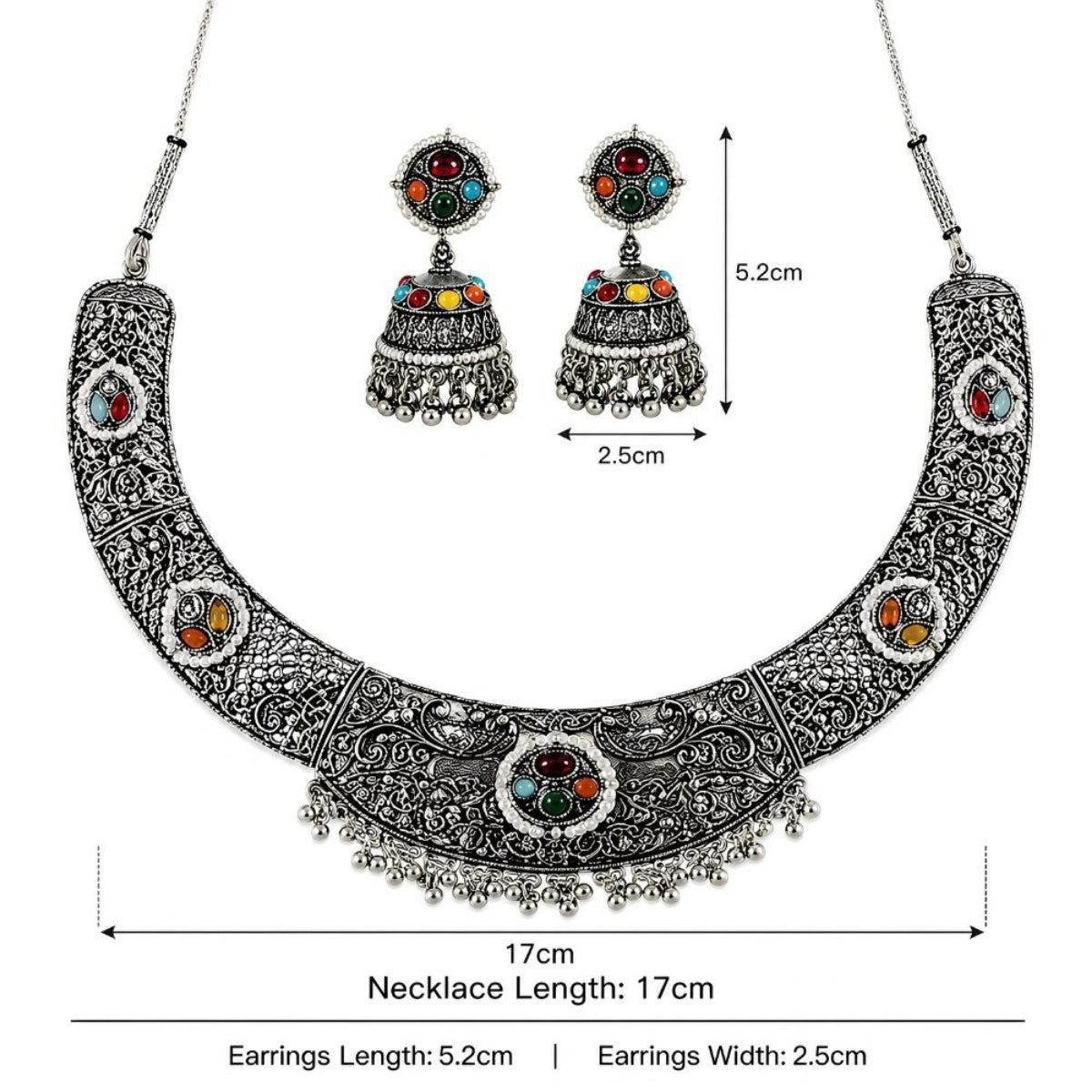 Etnico Traditional Navratri Oxidised Silver Plated Multicolour Choker Necklace with Jhumka Earrings Jewellery Set for Women (OXJ007)