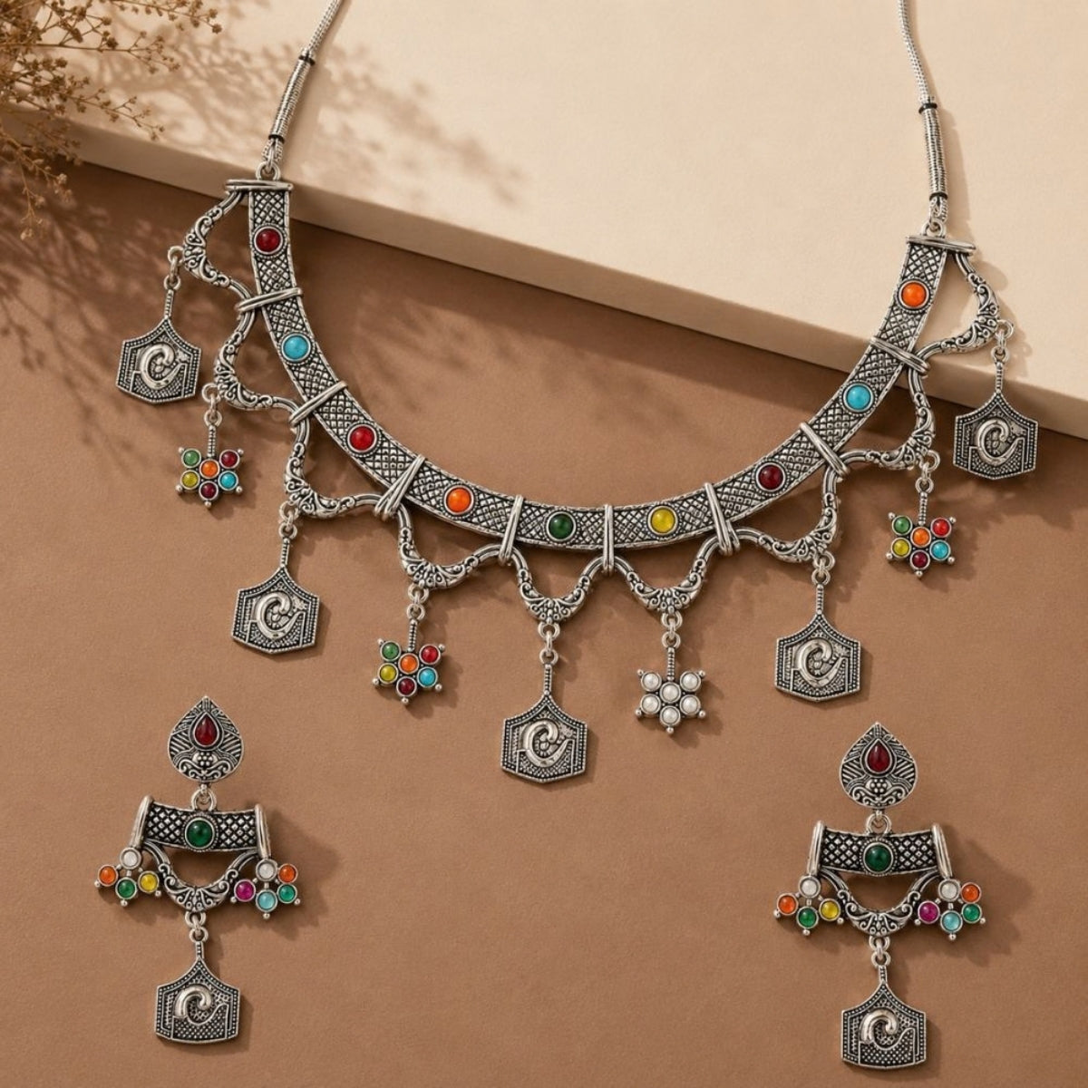 Etnico Traditional Navratri Oxidised Silver Plated Multicolour Tribal Choker Necklace with Dangle Earrings Jewellery Set for Women (OXJ010)