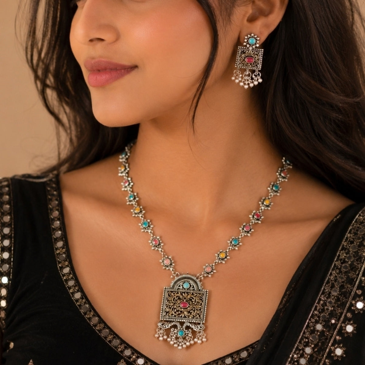 Etnico Traditional Navratri Oxidised Silver Plated Multicolour Long Necklace with Matching Earrings Jewellery Set for Women (OXJ012Mul)