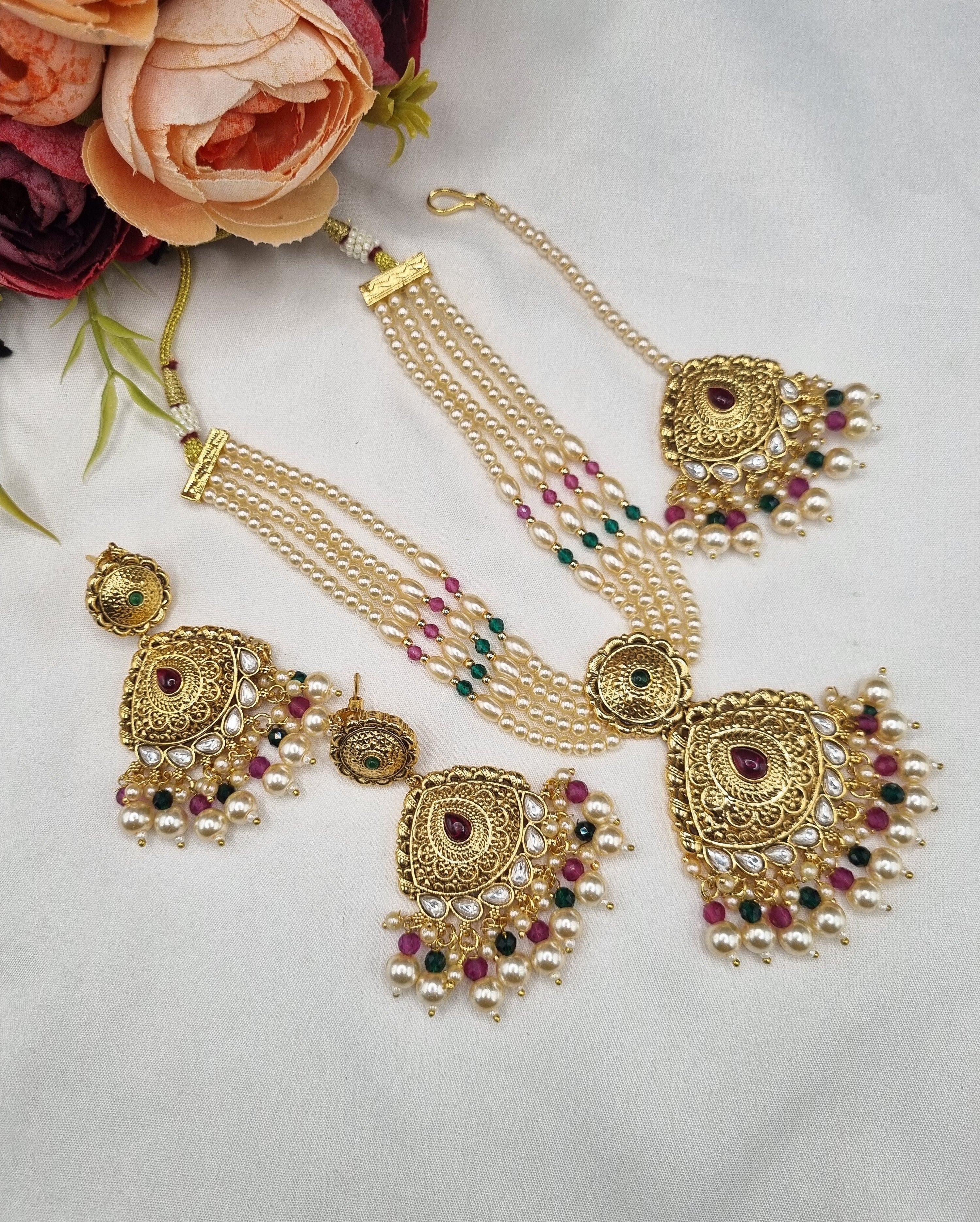 LAFZ Antique Multi-Strand Pearl Necklace Set with Maangtikka & Earrings - PM1GOLD