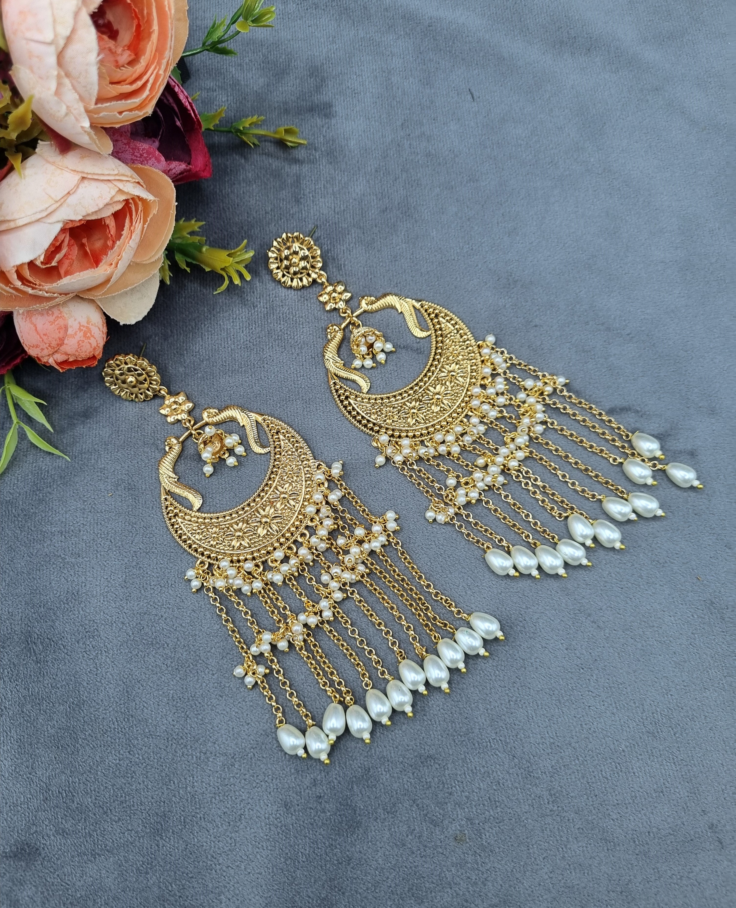LAFZ Peacock Motif Chandbali Earrings with Tassel Chains - PM3LCT