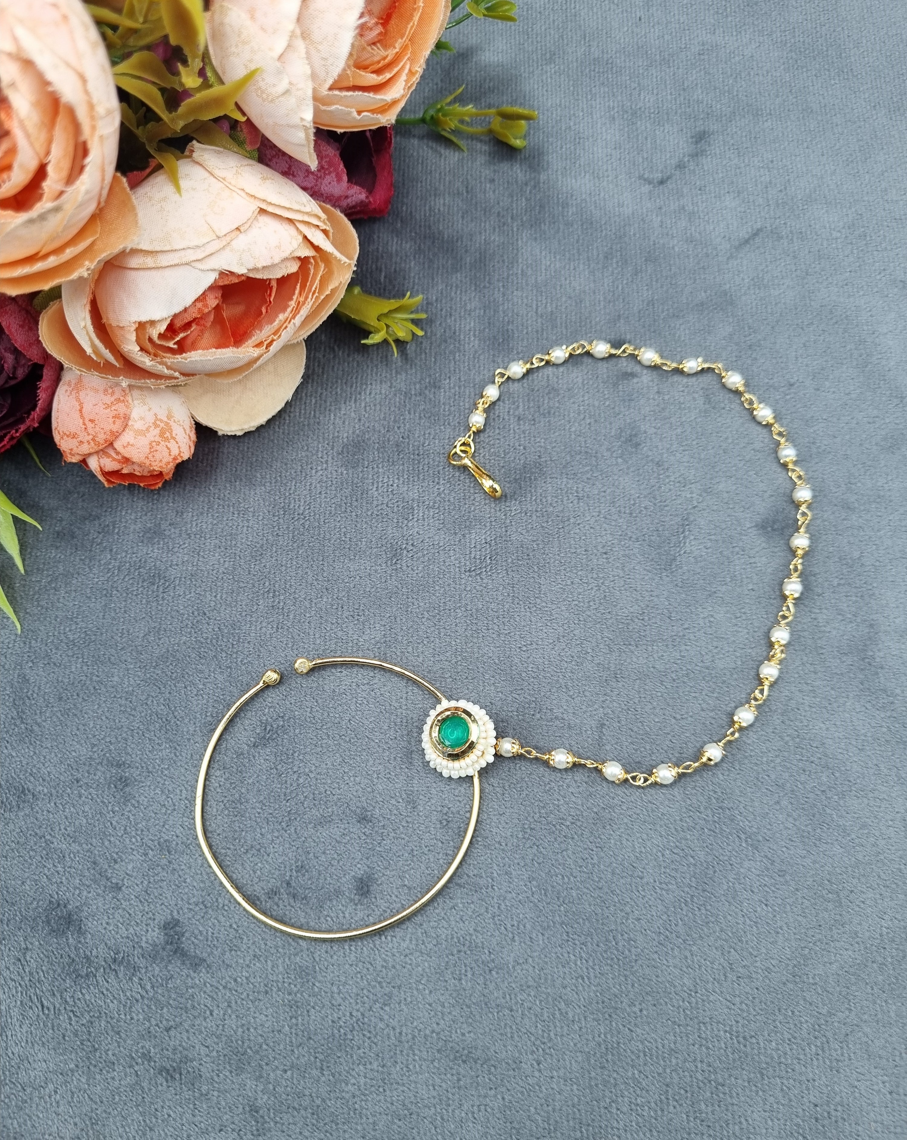 LAFZ Traditional Stone & Pearl Studded Hoop Nath with Pearl Beaded Chain - PM5