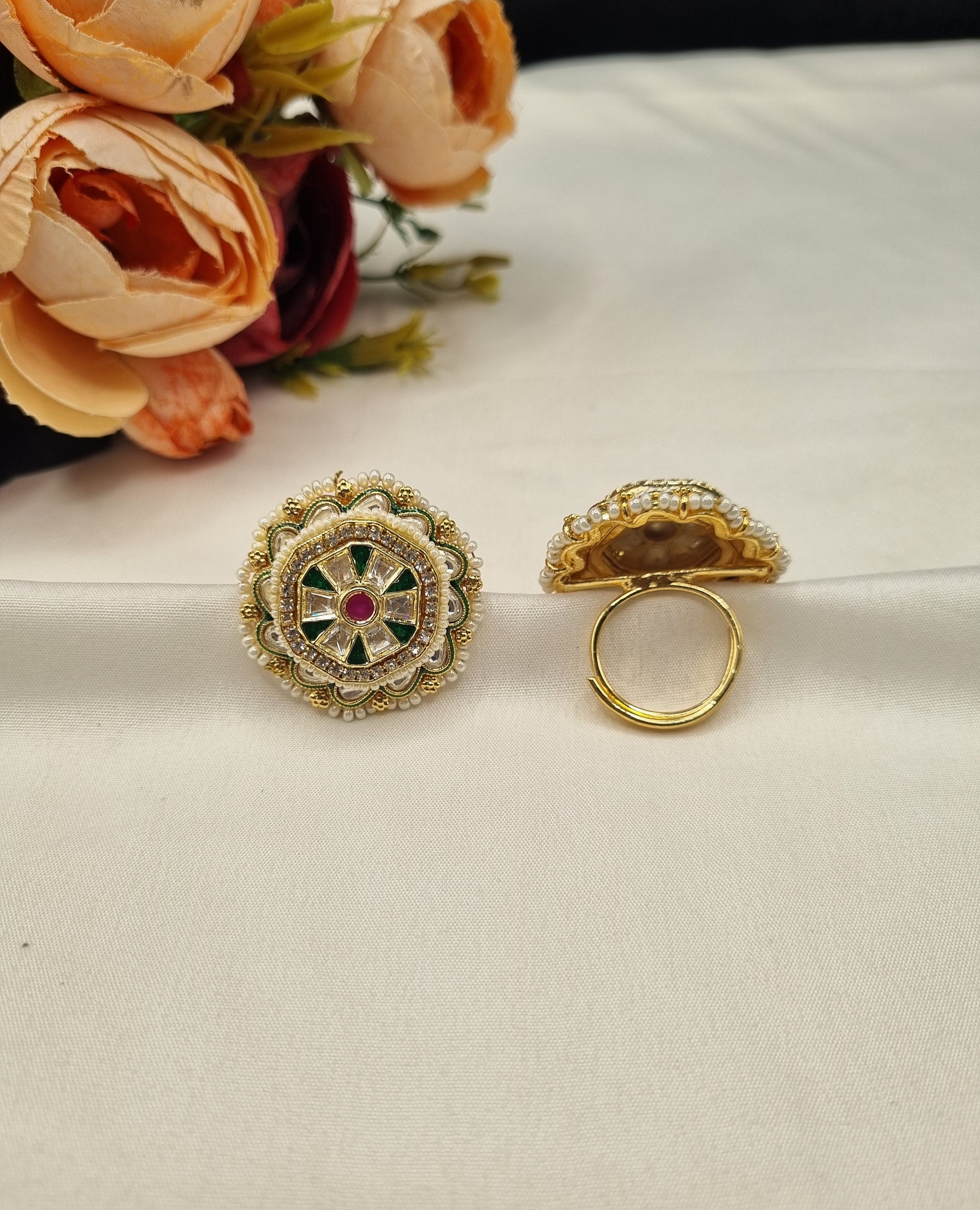 LAFZ Ornate Geometric Statement Ring with Micro-Pearl Border - PMRG12