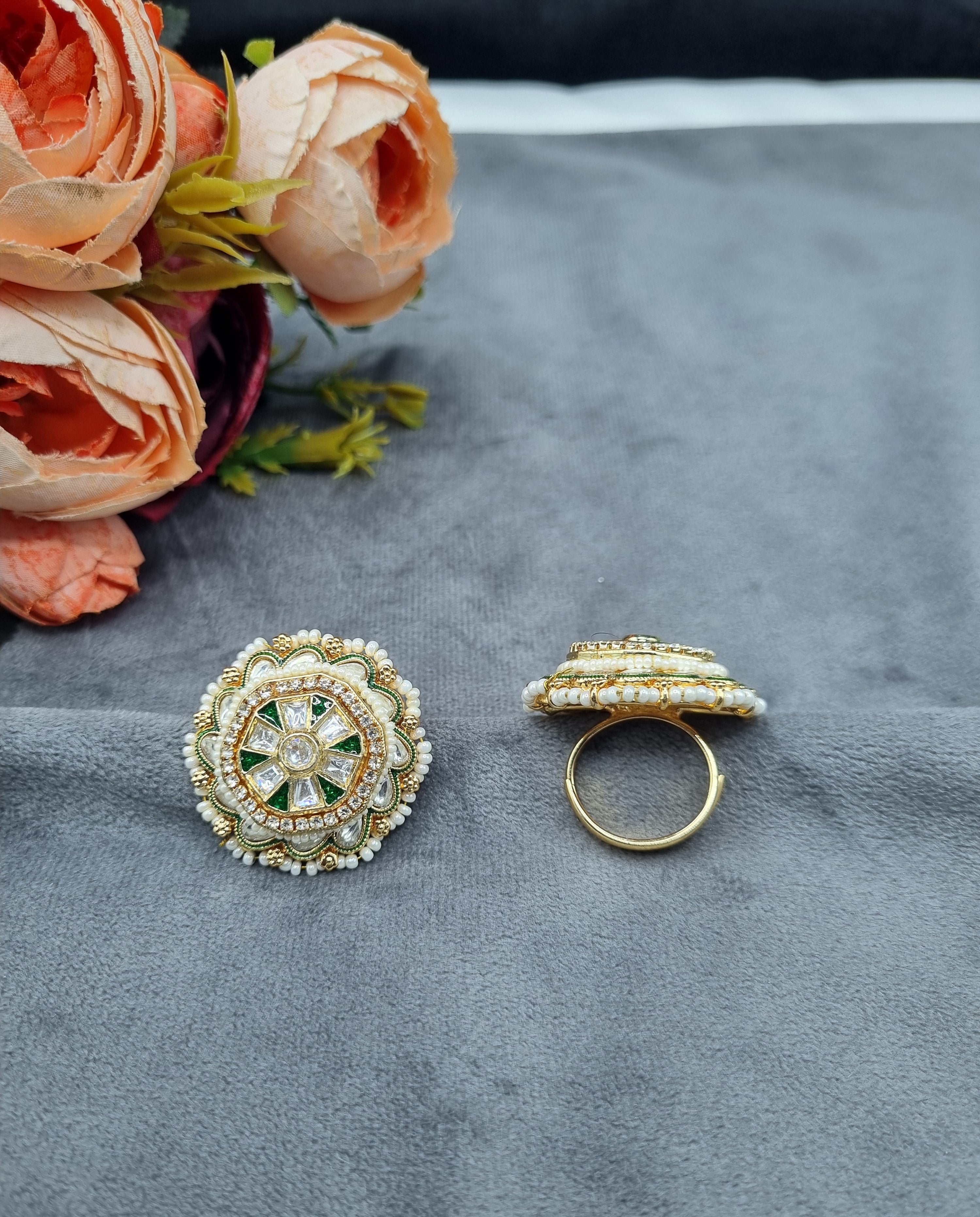 LAFZ Ornate Geometric Statement Ring with Micro-Pearl Border - PMRG12