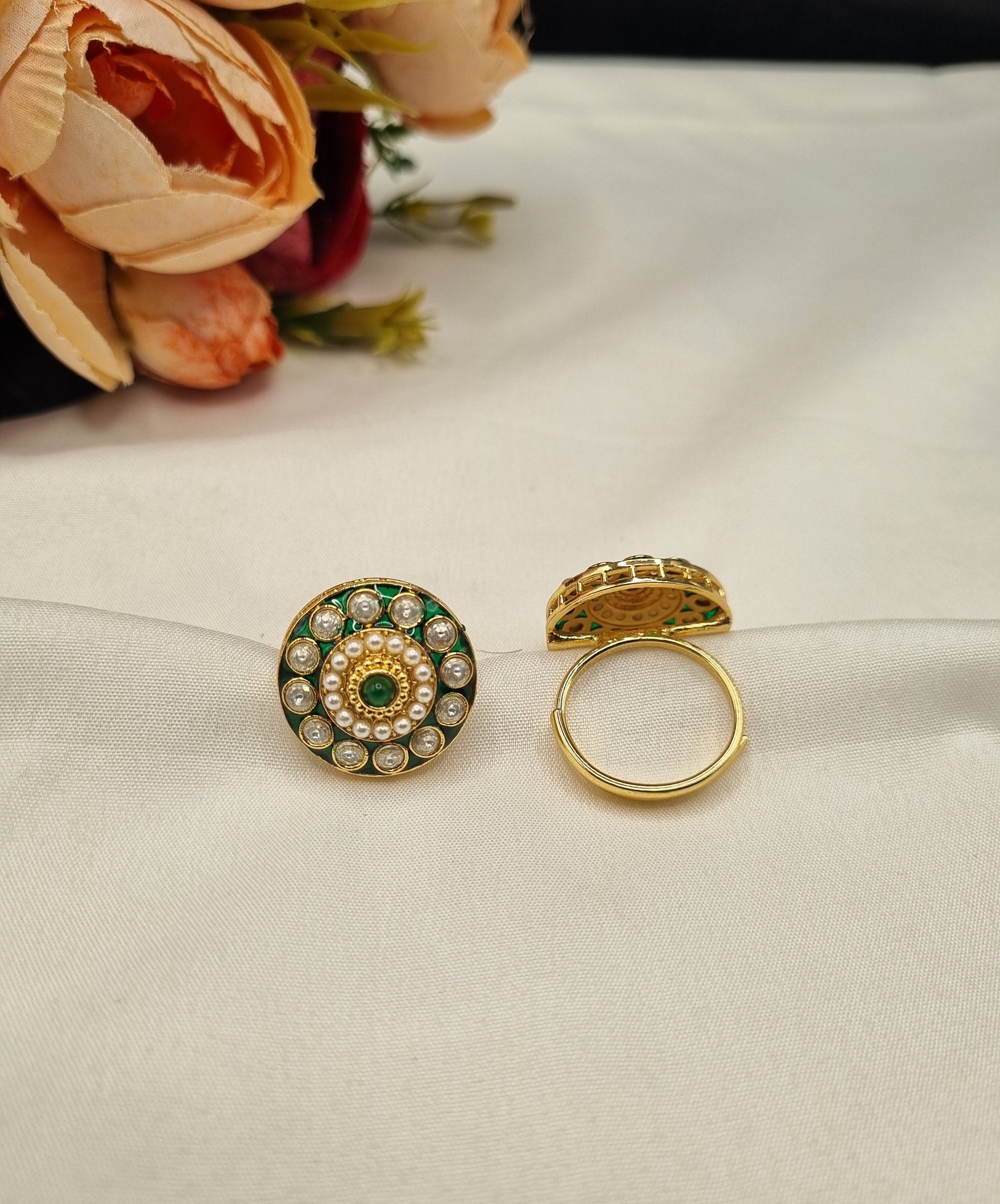 LAFZ Circular Enamel & Pearl Medallion Statement Ring - PMRG14