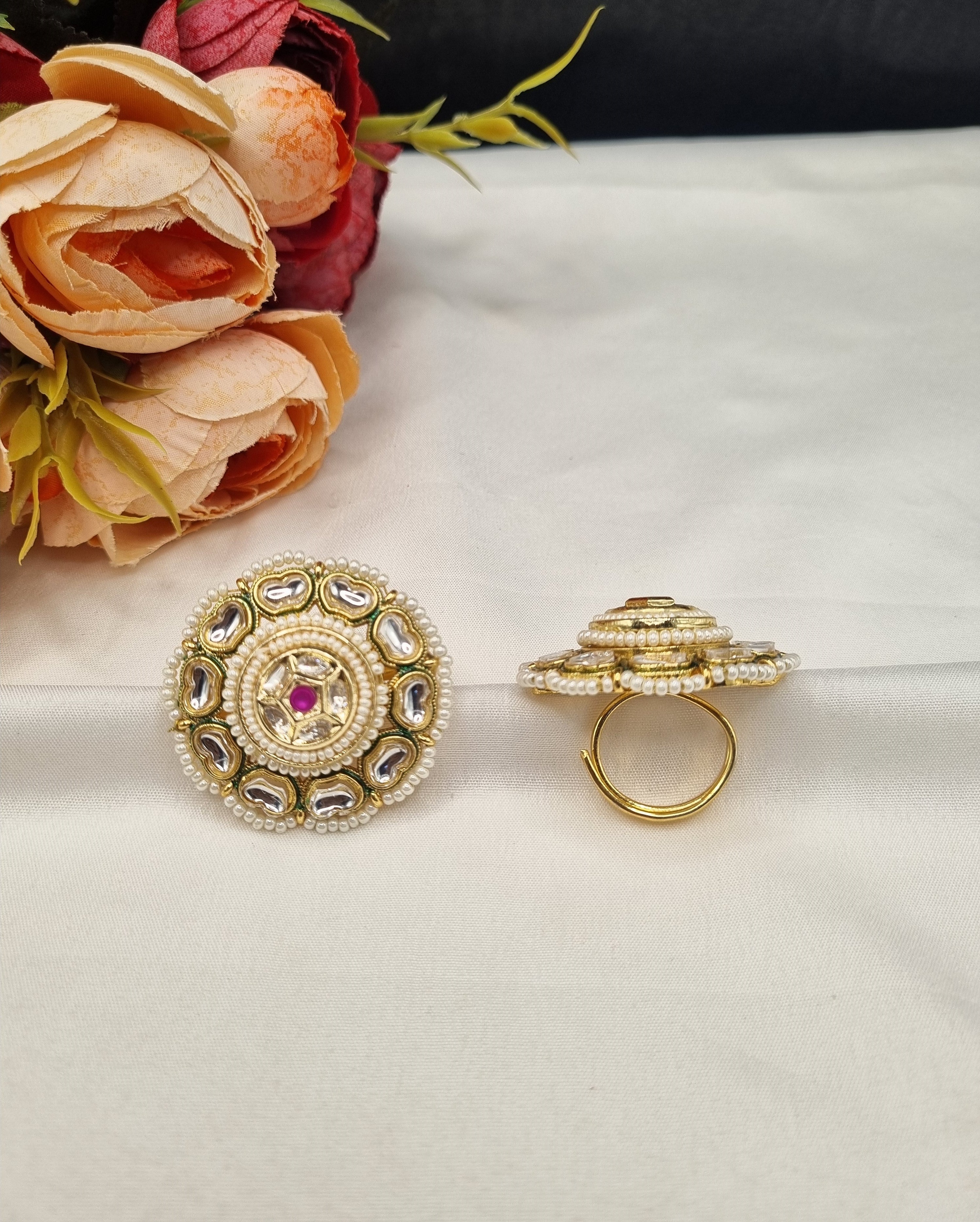 LAFZ Intricate Dome-Style Concentric Statement Ring with Pearl Halo - PMRG8
