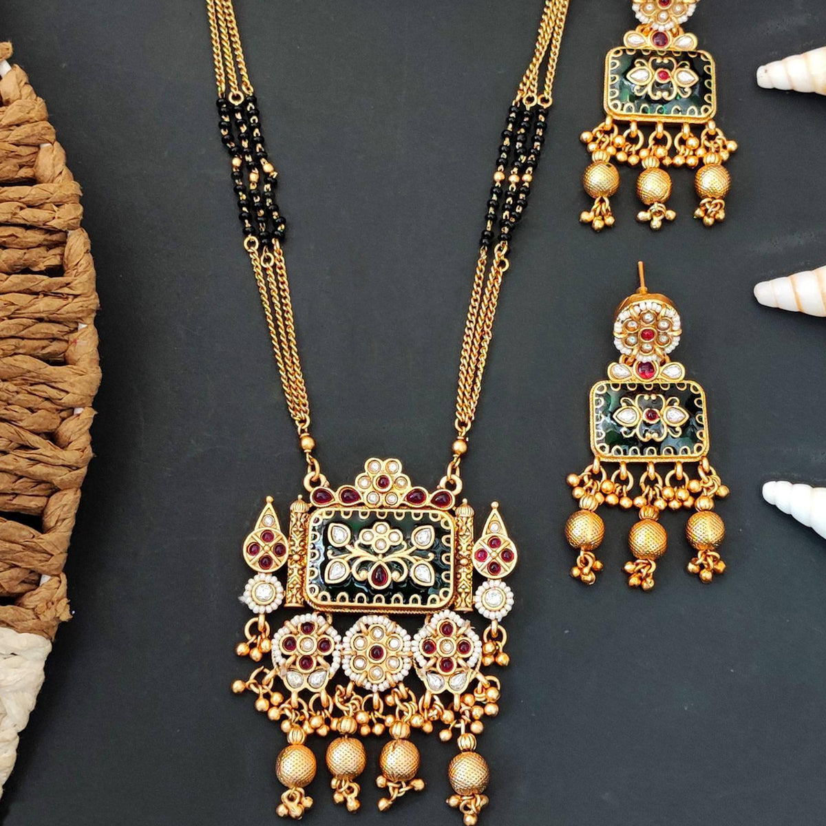 Js Fashion Heritage Rajwadi Polish Full Stone Party Wear Pendant SetSet