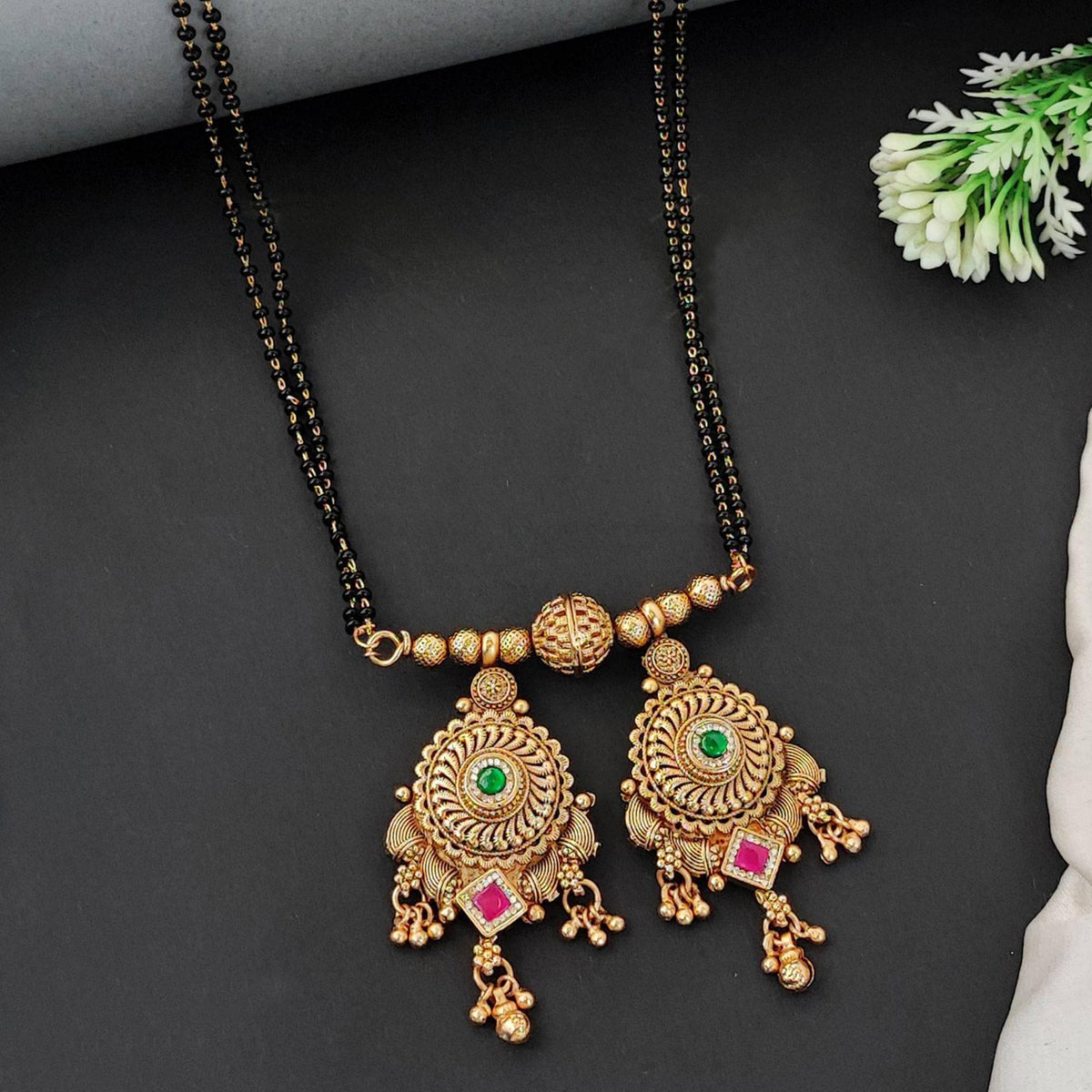 Js Fashion Black Beaded Mangalsutra with Intricate Round Pendant