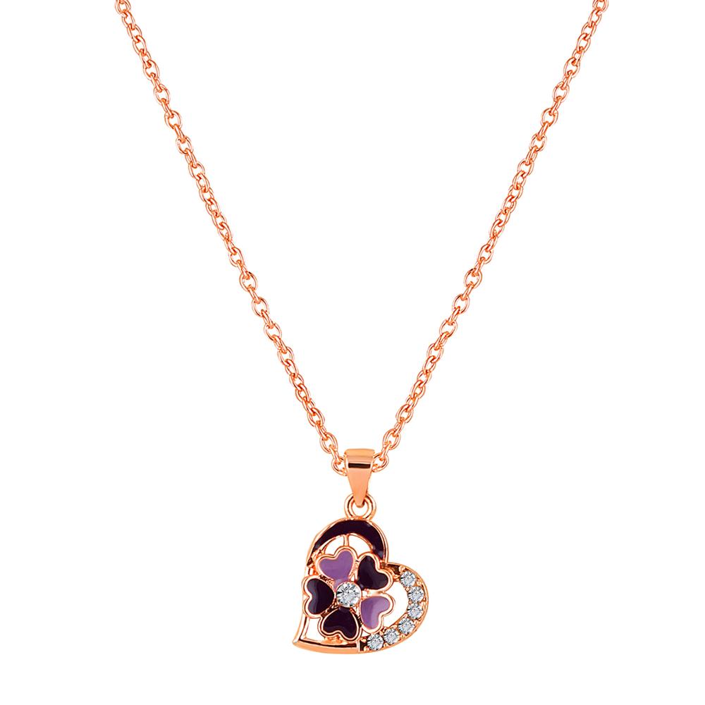 Mahi Rose Gold Plated Purple Meenakari Work and Crystals Floral Heart Necklace Pendant for Women (PS1101875ZPur)