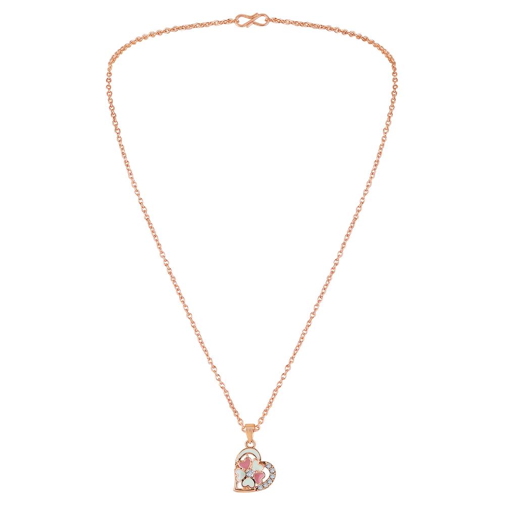 Mahi Rose Gold Plated Pink and Green Meenakari Work and Crystals Floral Heart Necklace Pendant for Women (PS1101876ZPinGre)