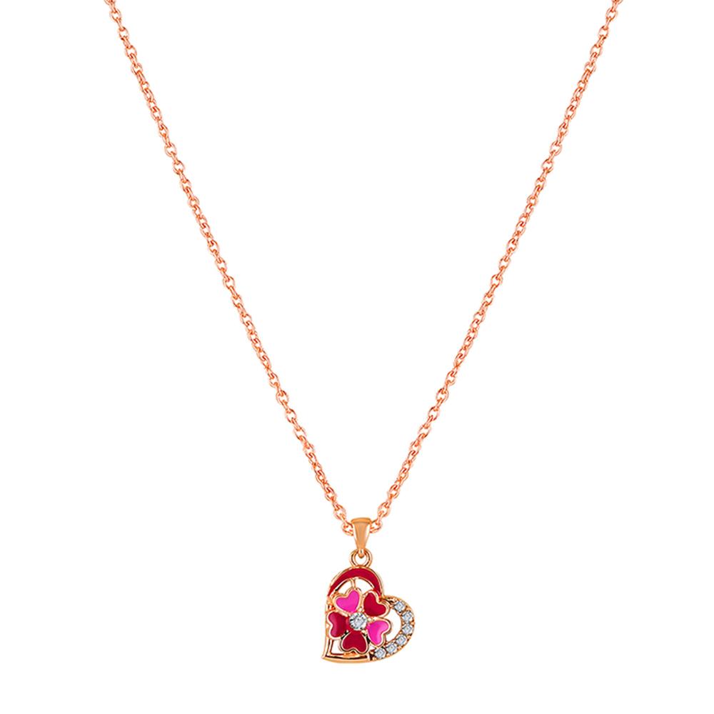 Mahi Rose Gold Plated Red and Pink Meenakari Work and Crystals Floral Heart Necklace Pendant for Women (PS1101877ZRedPin)
