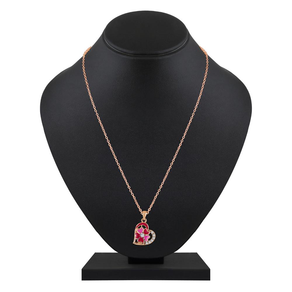 Mahi Rose Gold Plated Red and Pink Meenakari Work and Crystals Floral Heart Necklace Pendant for Women (PS1101877ZRedPin)