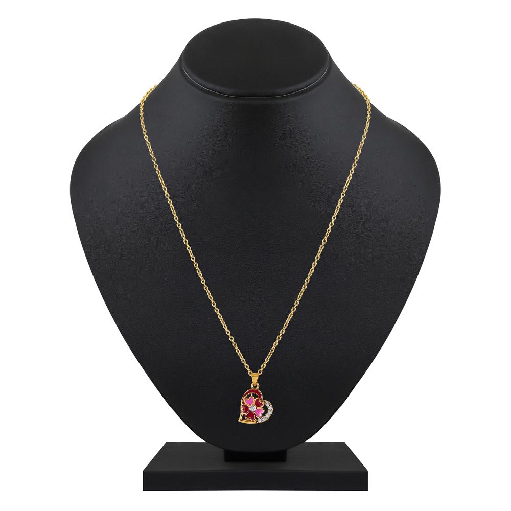 Mahi Gold Plated Pink and Maroon Meenakari Work and Crystals Floral Heart Necklace Pendant for Women (PS1101878GPinMar)