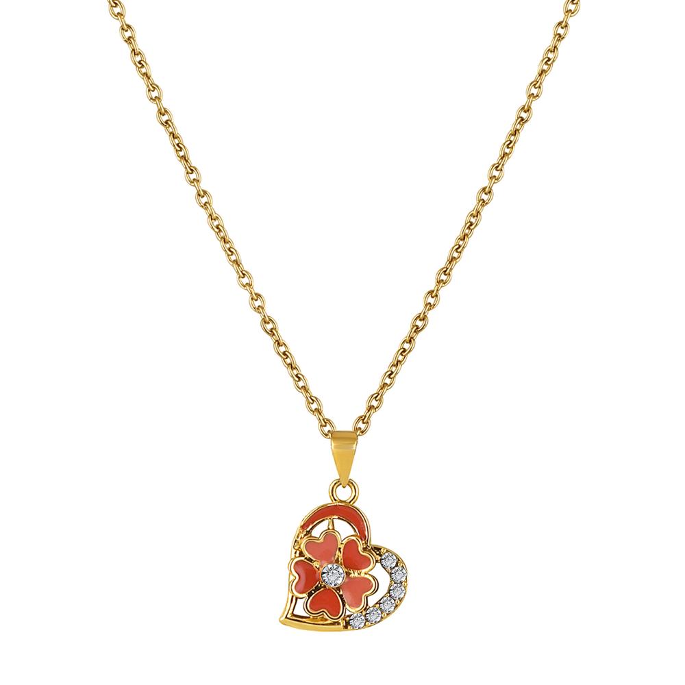 Mahi Gold Plated Orange Meenakari Work and Crystals Floral Heart Necklace Pendant for Women (PS1101879GOrg)
