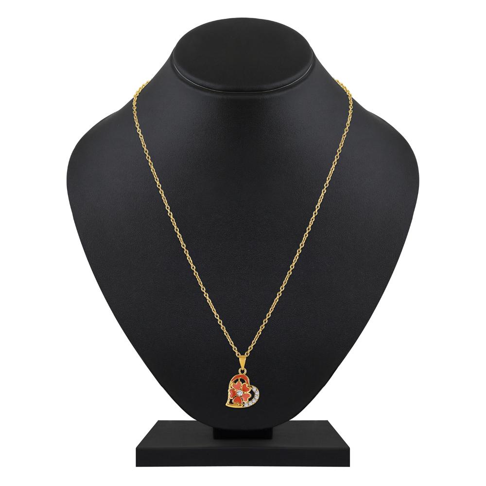 Mahi Gold Plated Orange Meenakari Work and Crystals Floral Heart Necklace Pendant for Women (PS1101879GOrg)