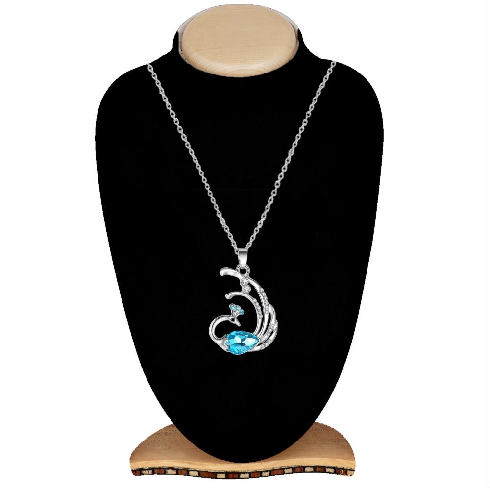 Mahi Dancing Peacock Shaped-Pendant Necklace with Aqua Blue and White Crystals for Women (PS1101885R)