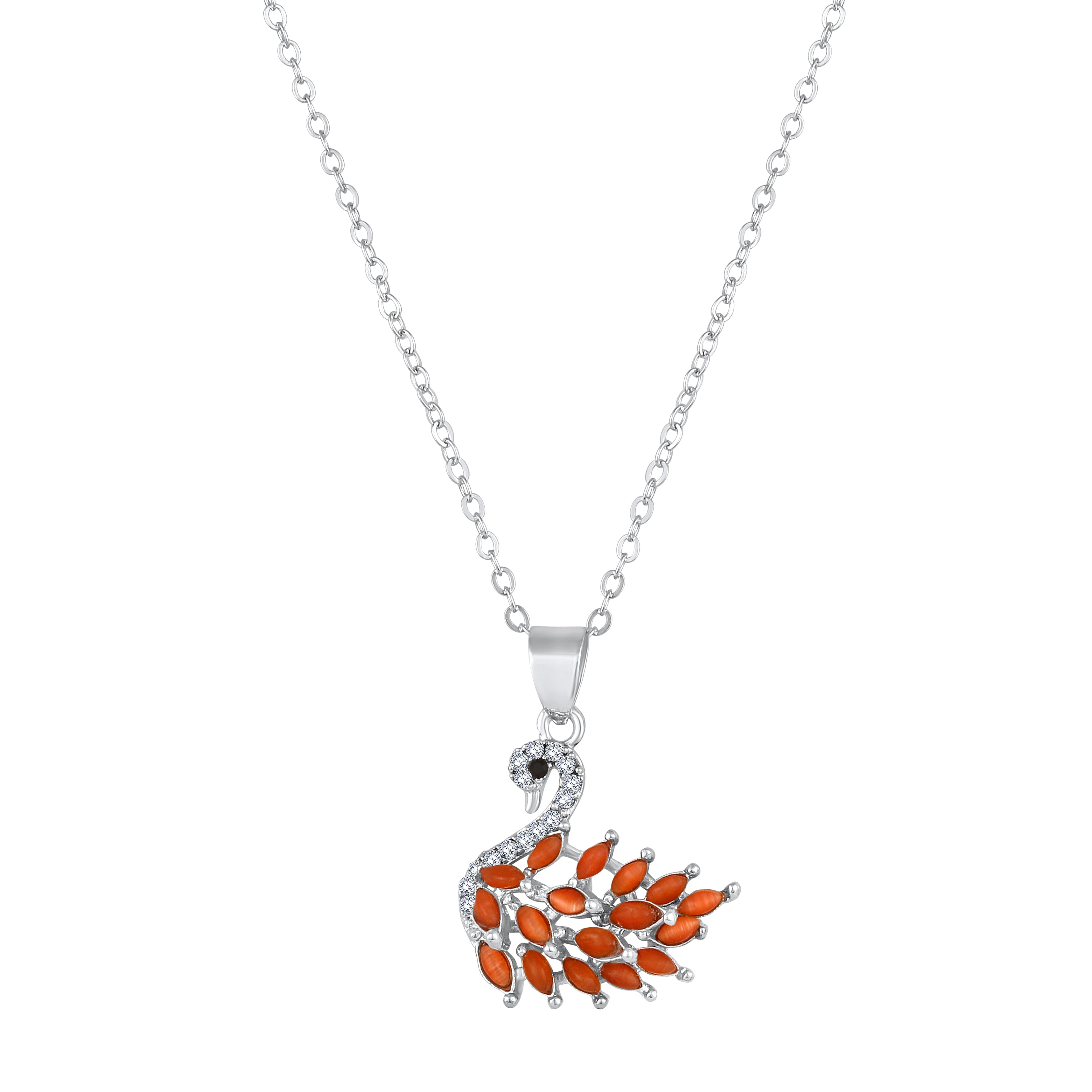 Mahi Swan-Shaped Pendant Necklace with Orange Monalisa Catseye Marquise Stones on Silver-Tone Chain | Elegant Daily & Party Wear for Women (PS1101962ROrg)