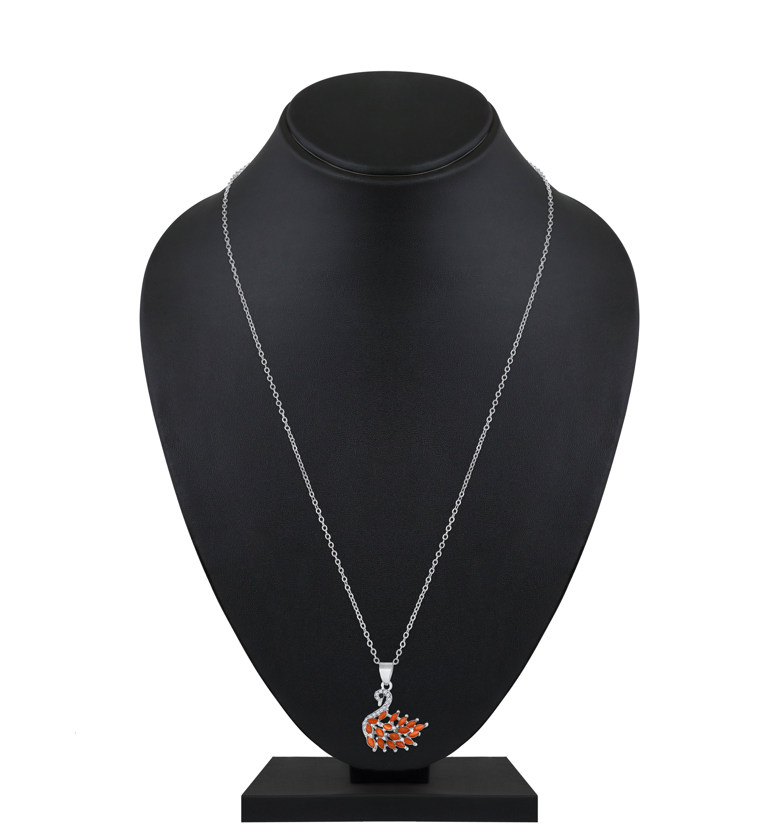 Mahi Swan-Shaped Pendant Necklace with Orange Monalisa Catseye Marquise Stones on Silver-Tone Chain | Elegant Daily & Party Wear for Women (PS1101962ROrg)
