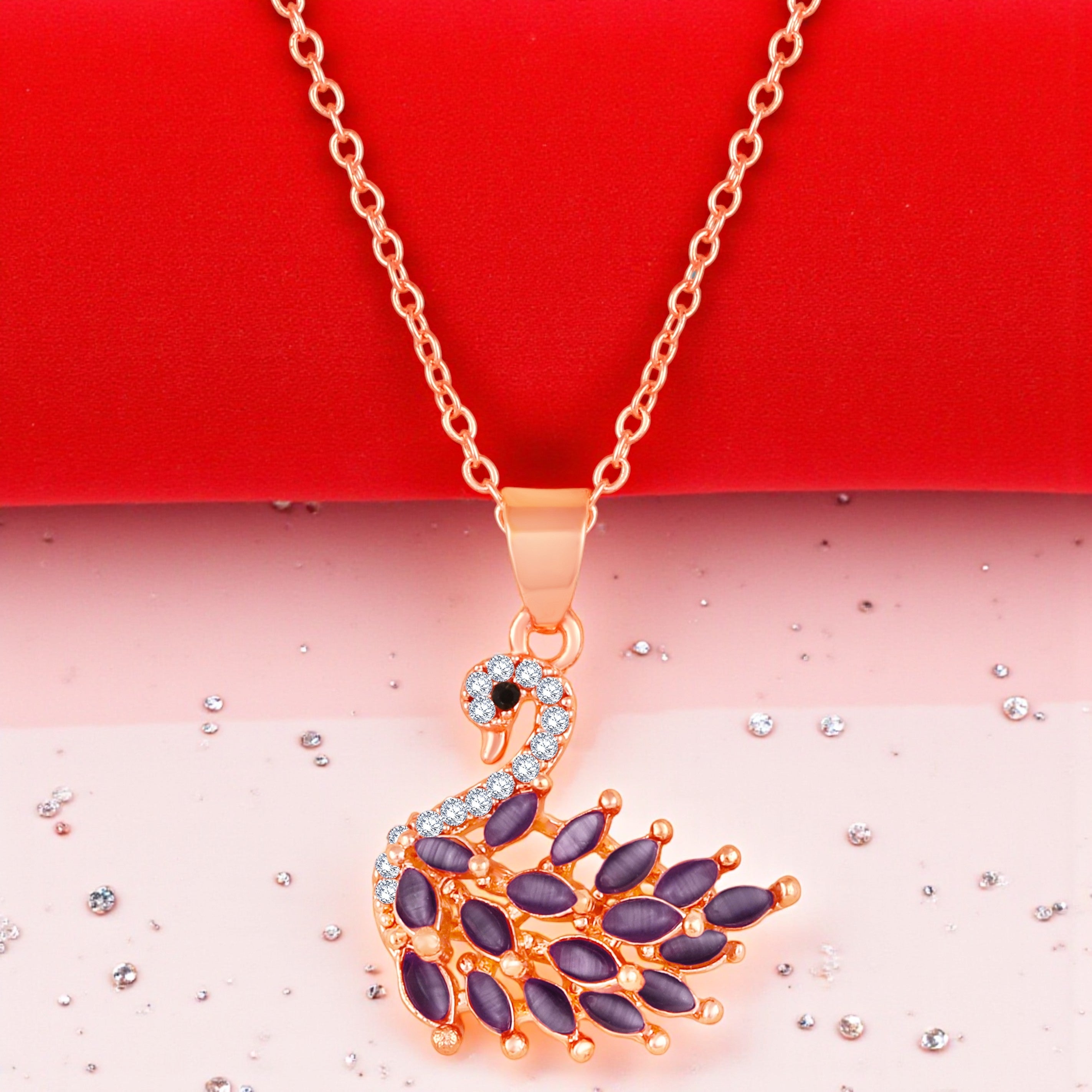 Mahi Swan-Shaped Pendant Necklace with Purple Monalisa Catseye Marquise Stones on Silver-Tone Chain | Elegant Daily & Party Wear for Women (PS1101963ZPur)