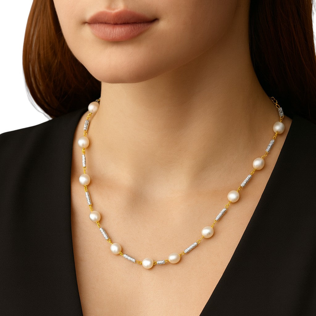 Mahi Lightweight Elegant White Artificial Pearl & Two-Toned Necklace for Women (PS1101964M)