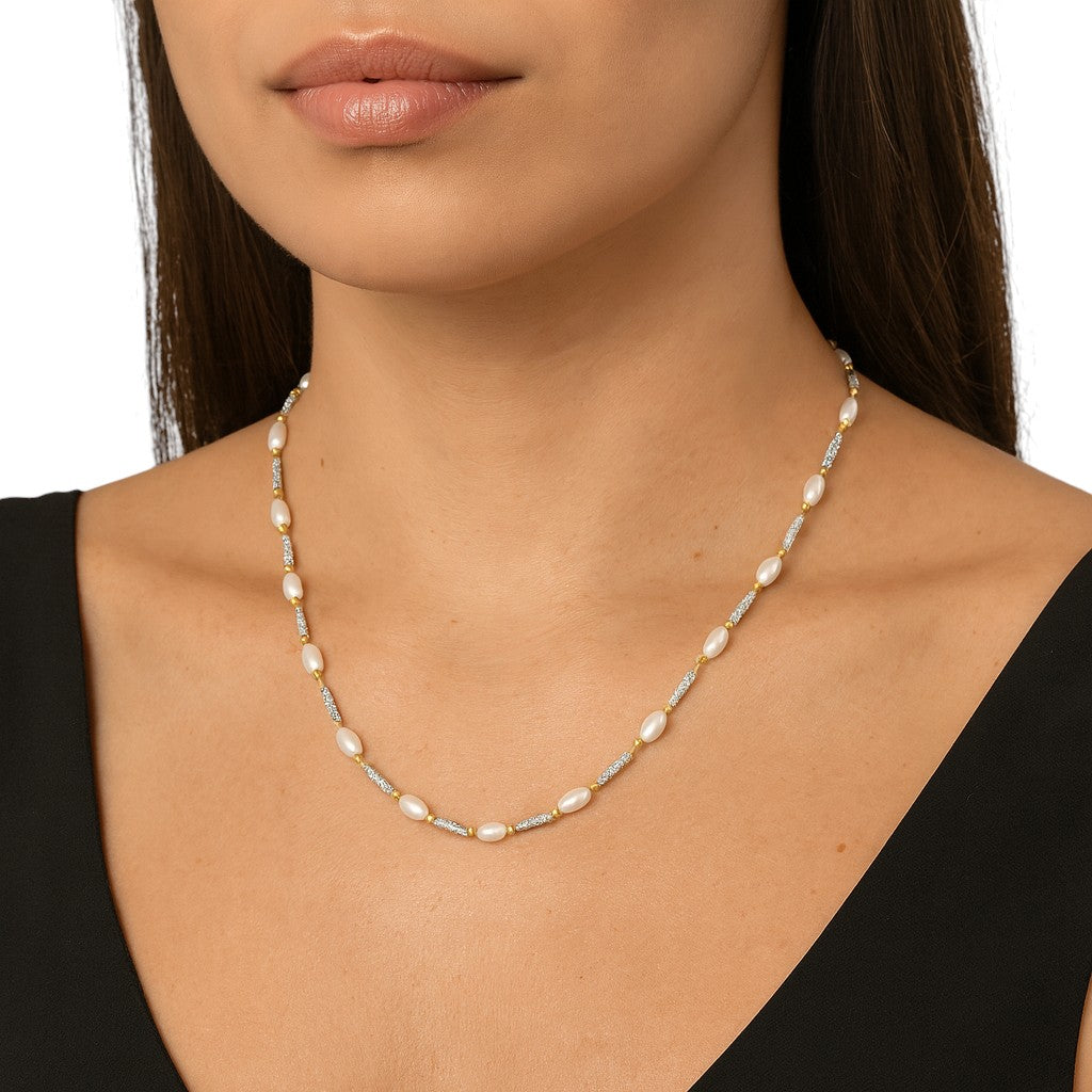 Mahi Lightweight Elegant White Artificial Pearl & Two-Toned Necklace for Women (PS1101967M)