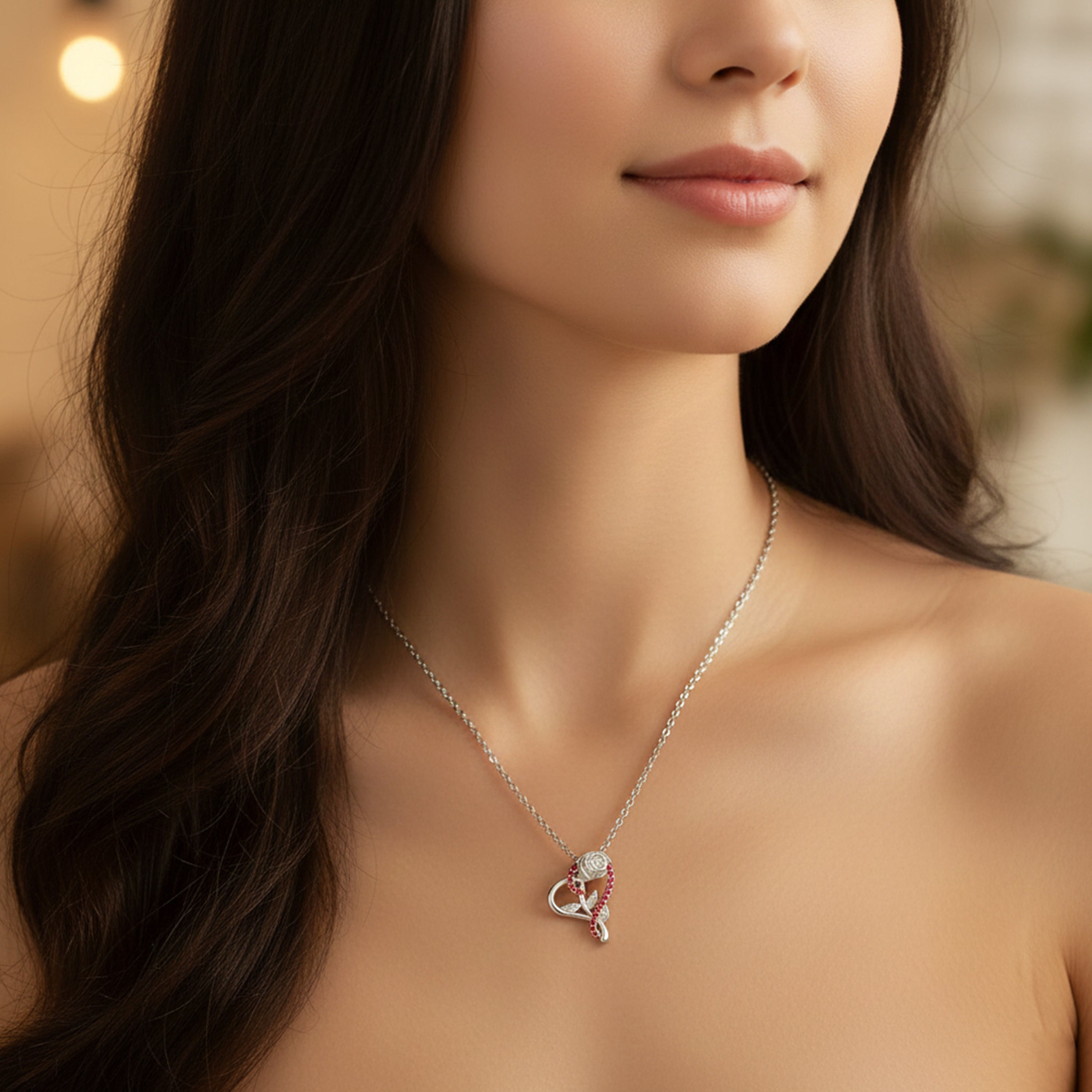 Mahi Rose & Heart Shaped Sparkling White Crystals Pendant Necklace for Women (PS1101974RPin)