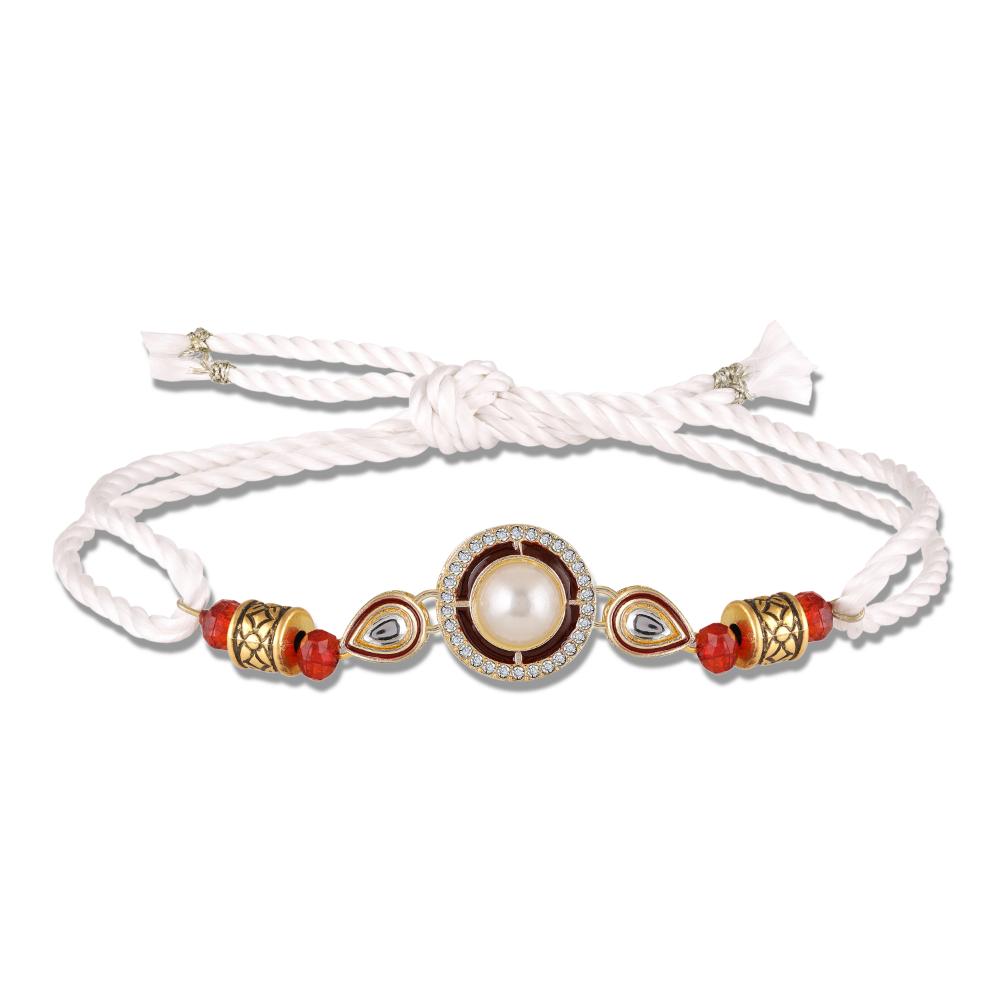 Mahi Artificial Pearl Premium Rakhi for Brother | Circular Design with Crystal & Red Beads (RA1100822G)
