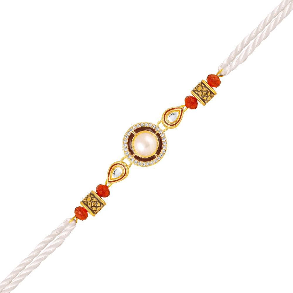Mahi Artificial Pearl Premium Rakhi for Brother | Circular Design with Crystal & Red Beads (RA1100822G)