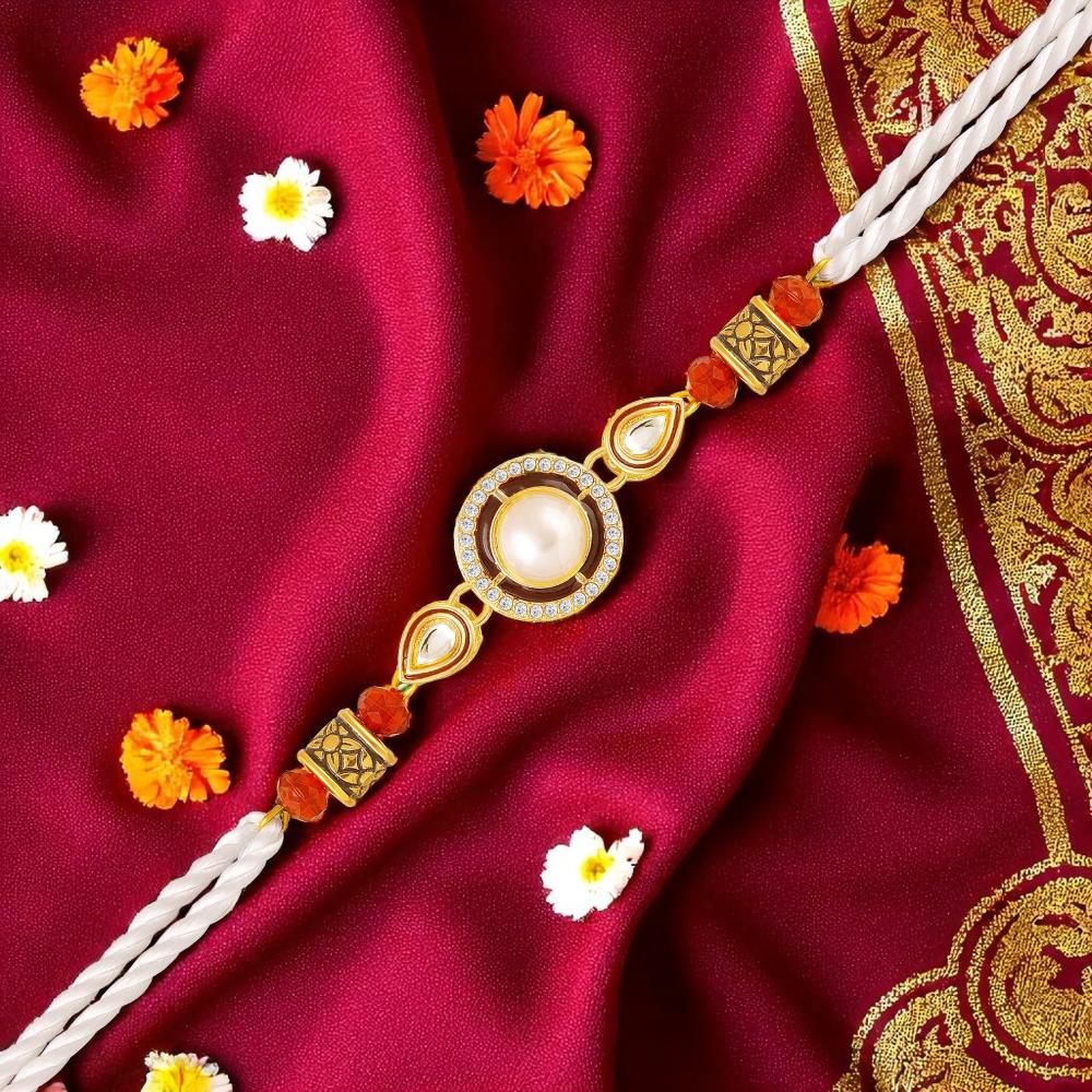 Mahi Artificial Pearl Premium Rakhi for Brother | Circular Design with Crystal & Red Beads (RA1100822G)