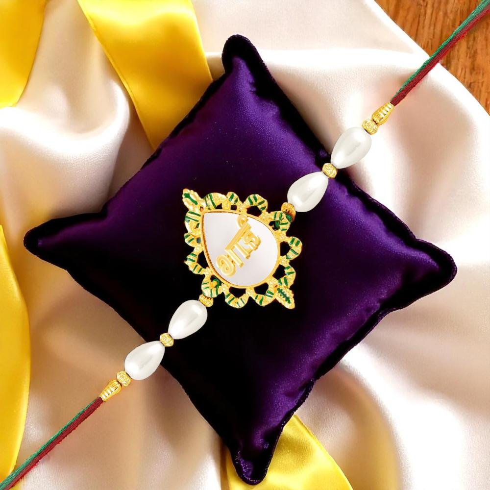 Mahi Bhai Engraved Green Meenakari Work Rakhi with Artificial Pearl for Brother (RA1100824G)