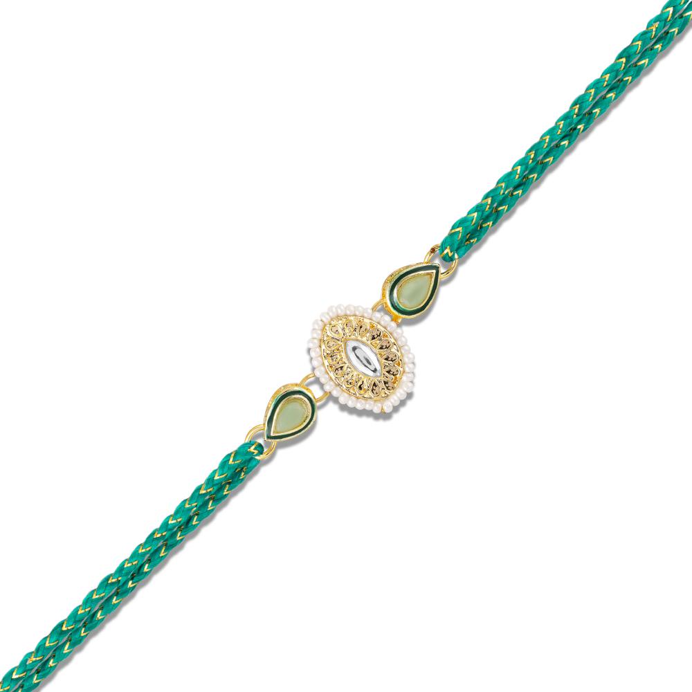 Mahi Elegant Kundan Rakhi for Brother | Oval Centerpiece with Mint Green Accents & Braided Blue Thread (RA1100825G)