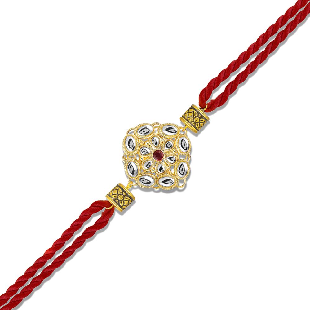 Mahi Traditional Kundan Rakhi for Brother | Red Thread Rakhi with Floral Gold Centerpiece (RA1100826G)