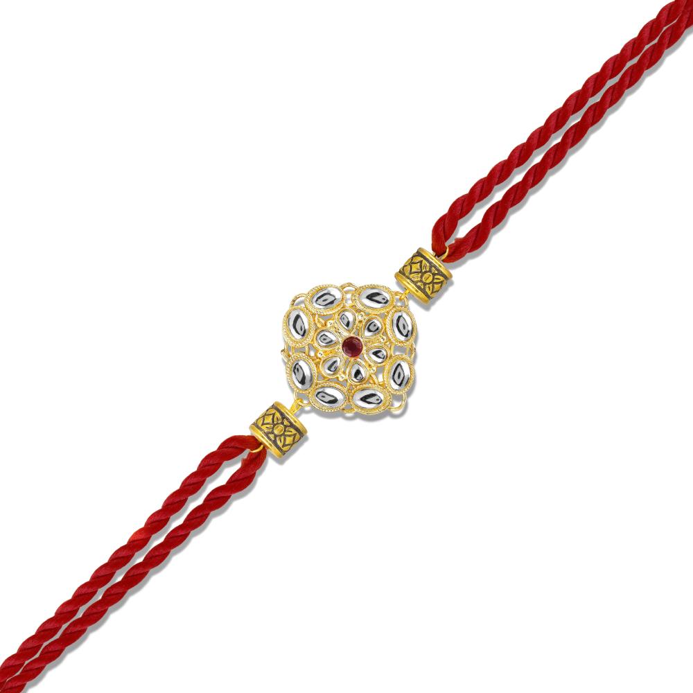 Mahi Traditional Kundan Rakhi for Brother | Red Thread Rakhi with Floral Gold Centerpiece (RA1100826G)