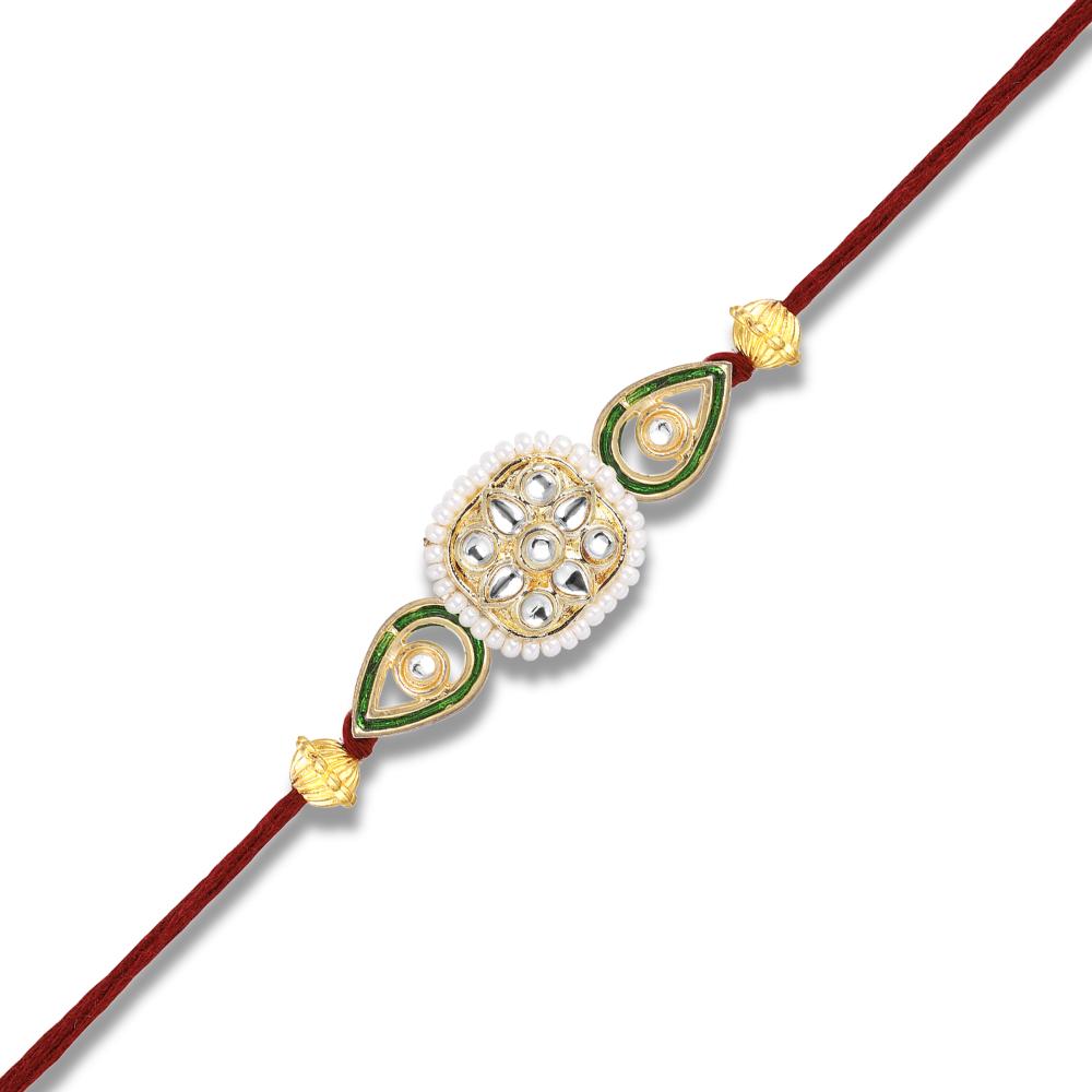 Mahi Traditional Kundan Rakhi for Brother | Square Floral with Green Enamel & Red Thread (RA1100828G)