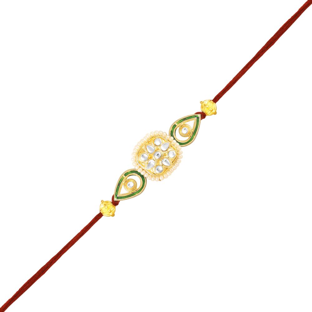 Mahi Traditional Kundan Rakhi for Brother | Square Floral with Green Enamel & Red Thread (RA1100828G)