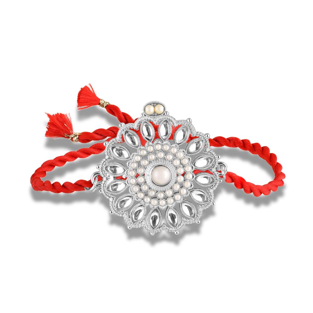 Mahi Royal Rakhi for Brother | Silver-Toned Floral Motif with Artificial Pearl & Red Thread (RA1100831RWhi)