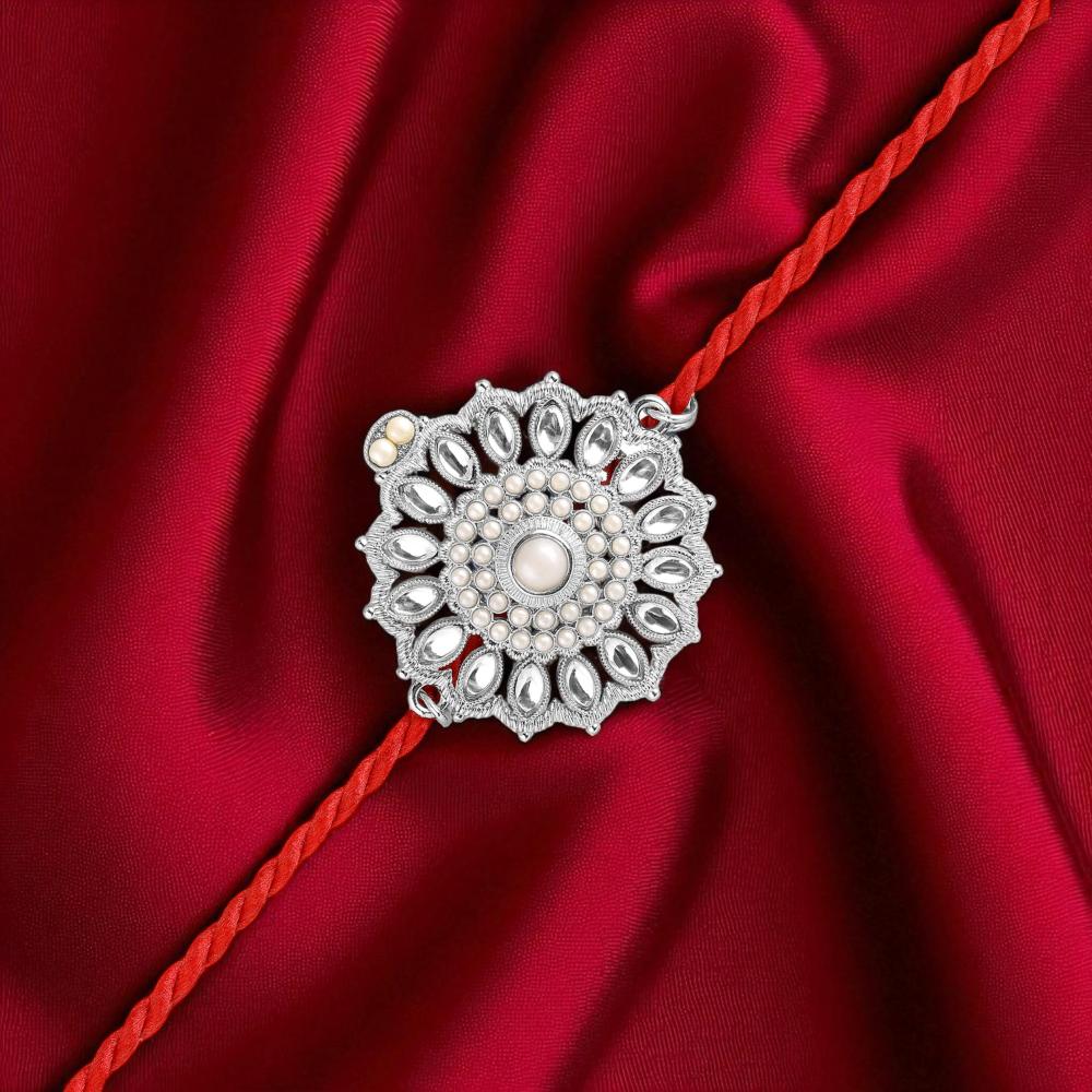 Mahi Royal Rakhi for Brother | Silver-Toned Floral Motif with Artificial Pearl & Red Thread (RA1100831RWhi)
