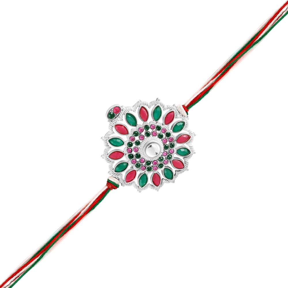 Mahi Multicolor Floral Rakhi for Brother | Silver-Toned Mandala Design with Green & Pink Stones on Tricolor Thread (RA1100832RMul)