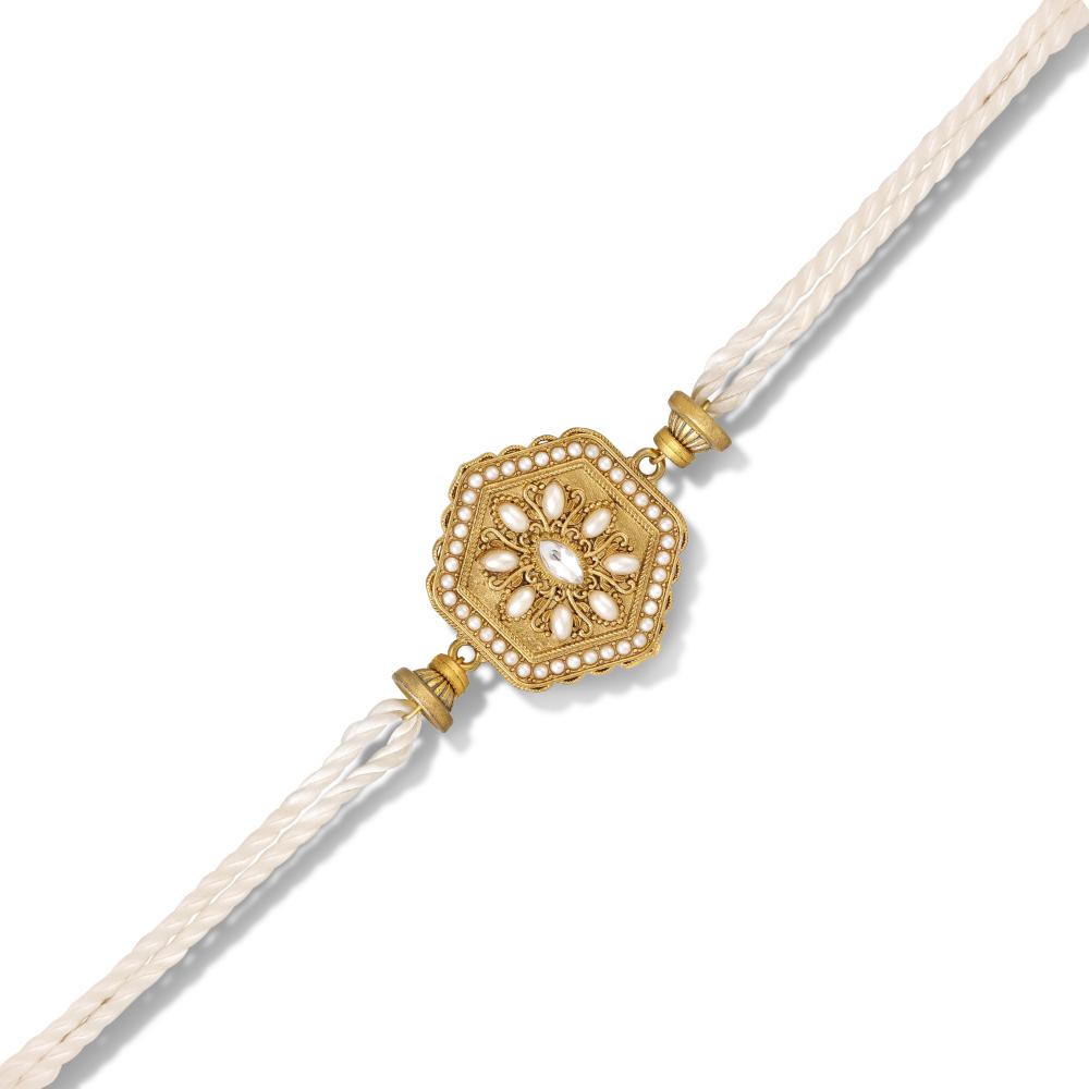 Mahi Hexagonal Gold-Tone Design with Artificial Pearl Rakhi for Brother (RA1100834GWhi)