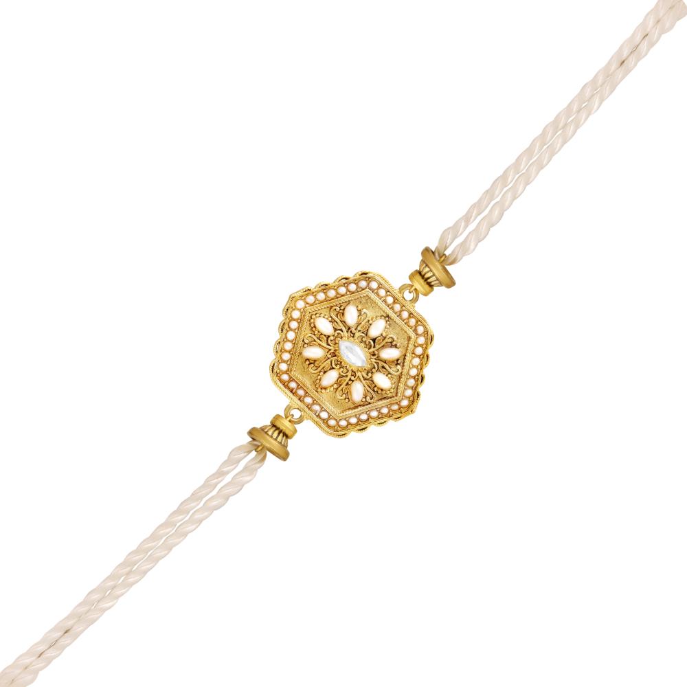 Mahi Hexagonal Gold-Tone Design with Artificial Pearl Rakhi for Brother (RA1100834GWhi)