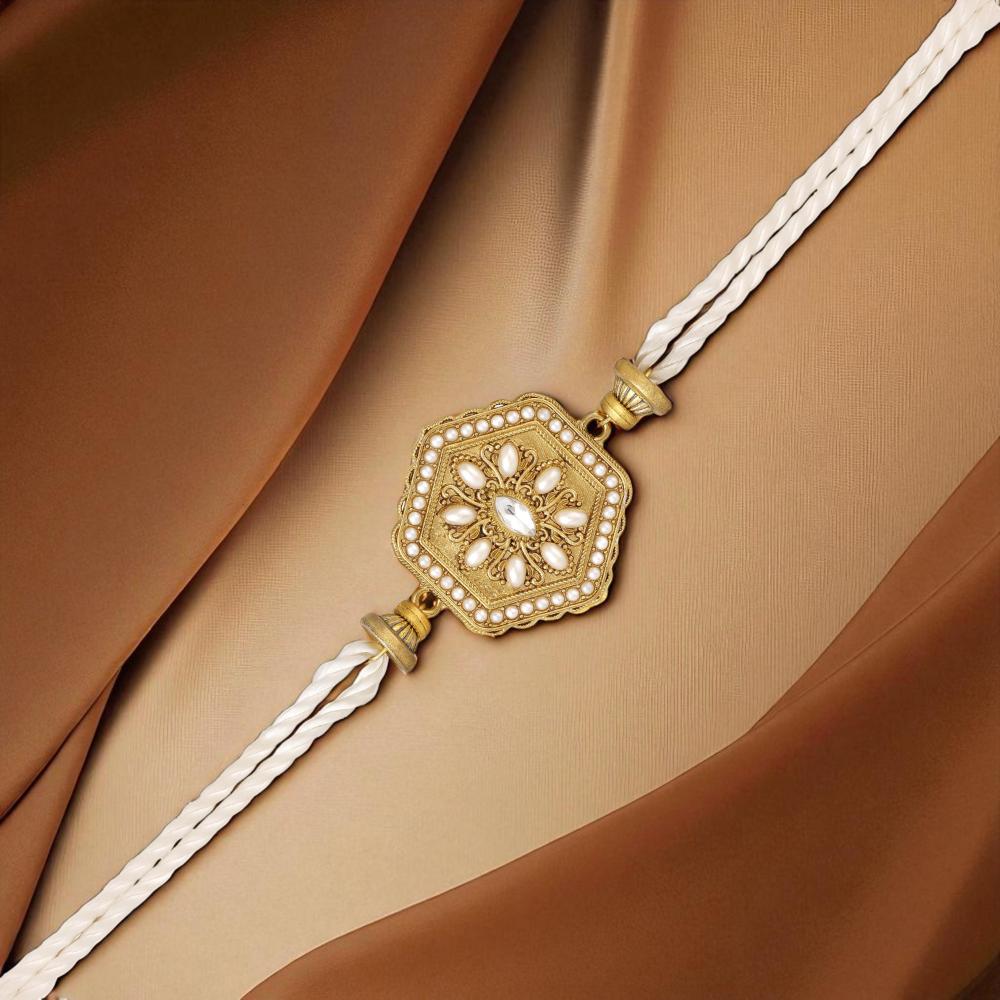 Mahi Hexagonal Gold-Tone Design with Artificial Pearl Rakhi for Brother (RA1100834GWhi)