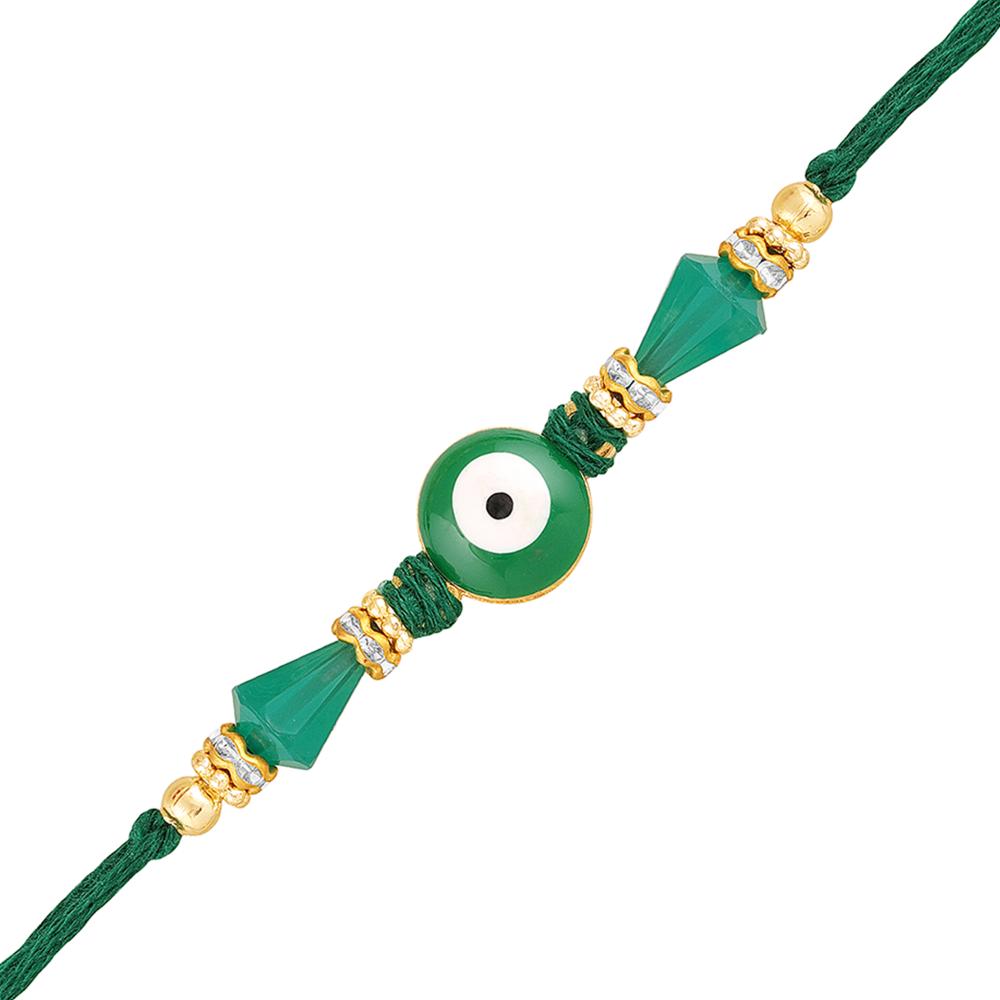 Mahi Green Evil Eye Rakhi for Brother | Nazariya Bead with Gold Accents & Cone Beads on Green Thread (RA1100837G)