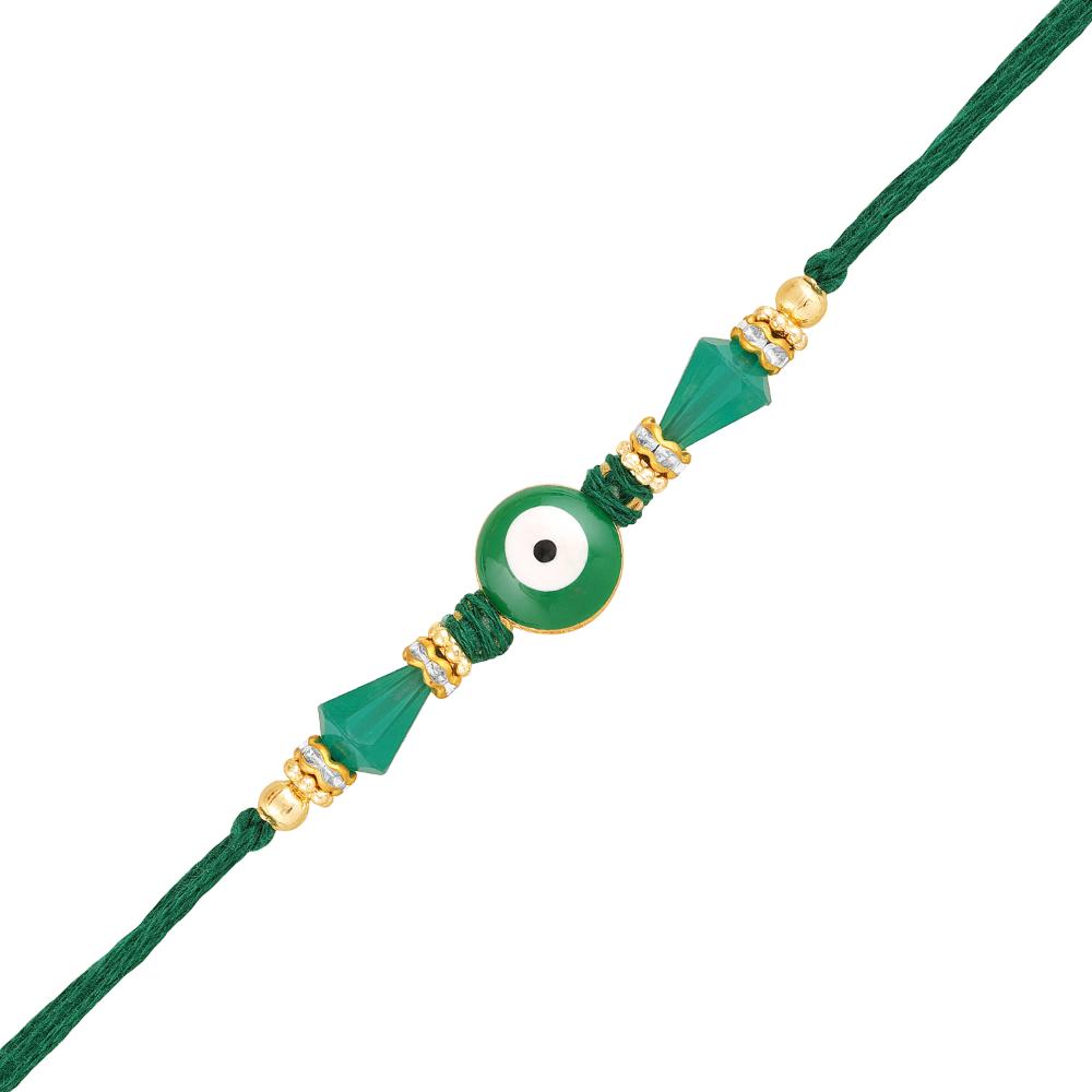 Mahi Green Evil Eye Rakhi for Brother | Nazariya Bead with Gold Accents & Cone Beads on Green Thread (RA1100837G)