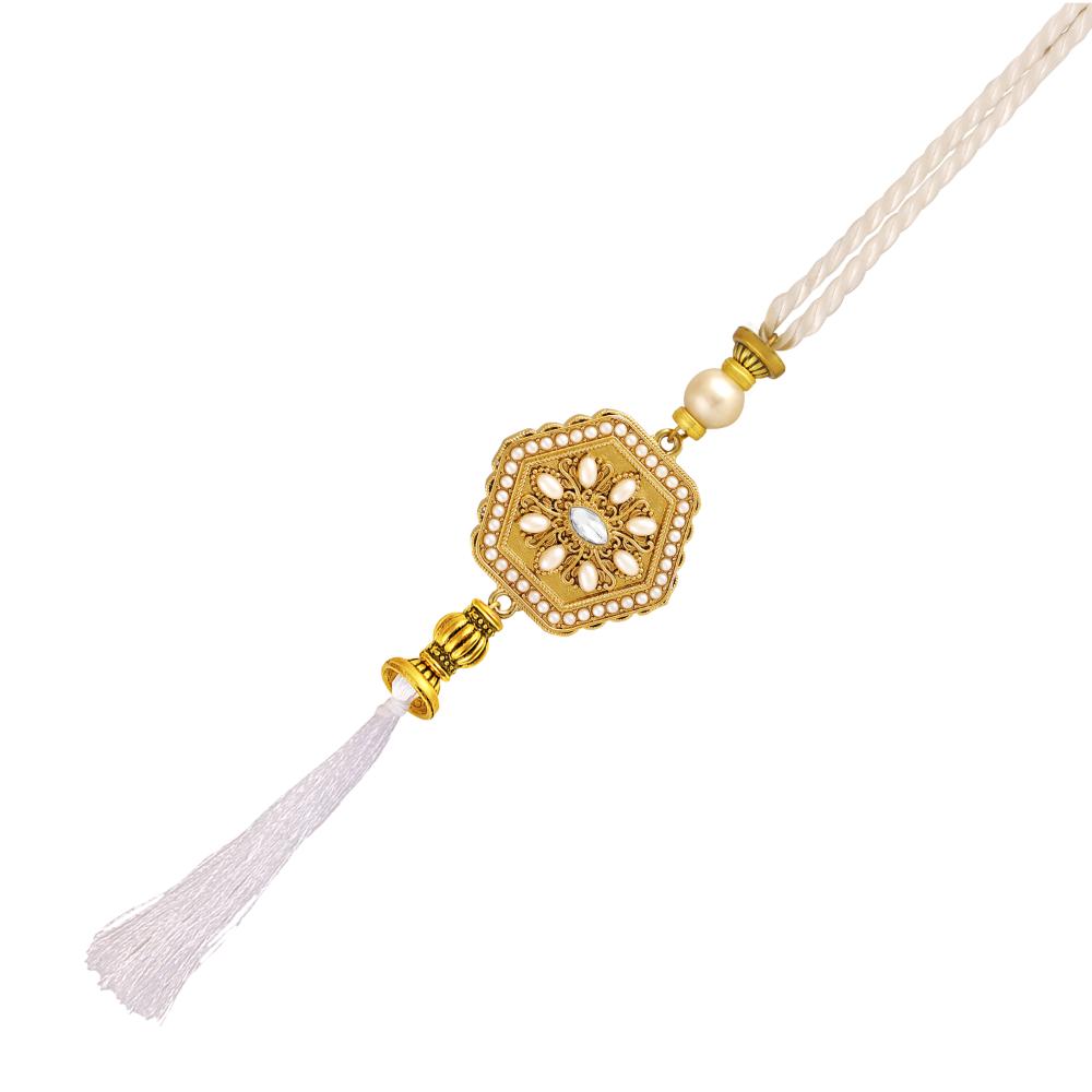 Mahi Royal White & Gold Artificial Pearl Accents & Tassel Lumba Rakhi for Bhabhi (RAL1100835GWhi)