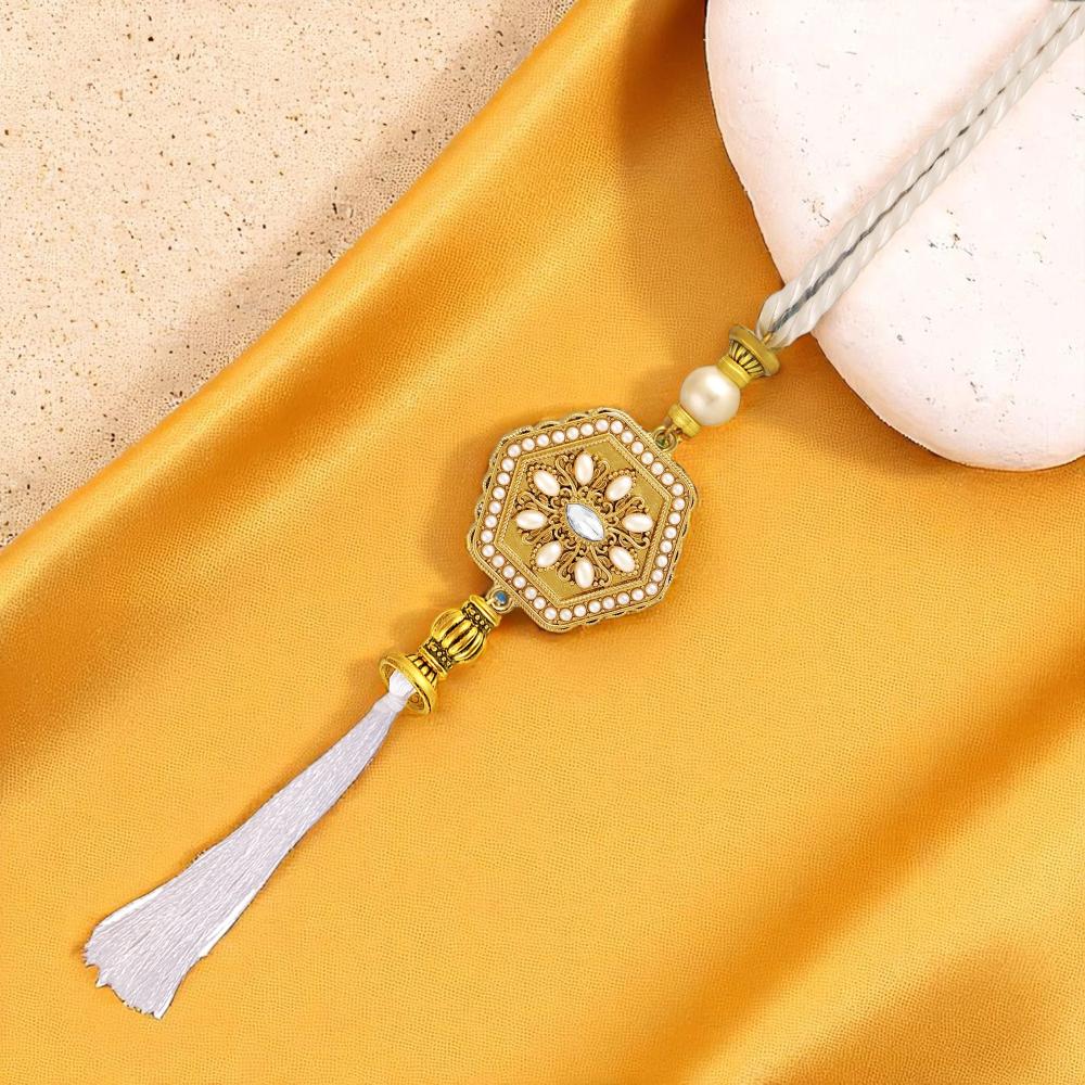 Mahi Royal White & Gold Artificial Pearl Accents & Tassel Lumba Rakhi for Bhabhi (RAL1100835GWhi)